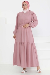 Beli Bağcıklı Elbise Gül - 27303 - TOFİSA