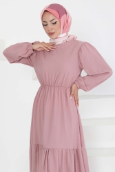 Beli Bağcıklı Elbise Gül - 27303 - TOFİSA (1)