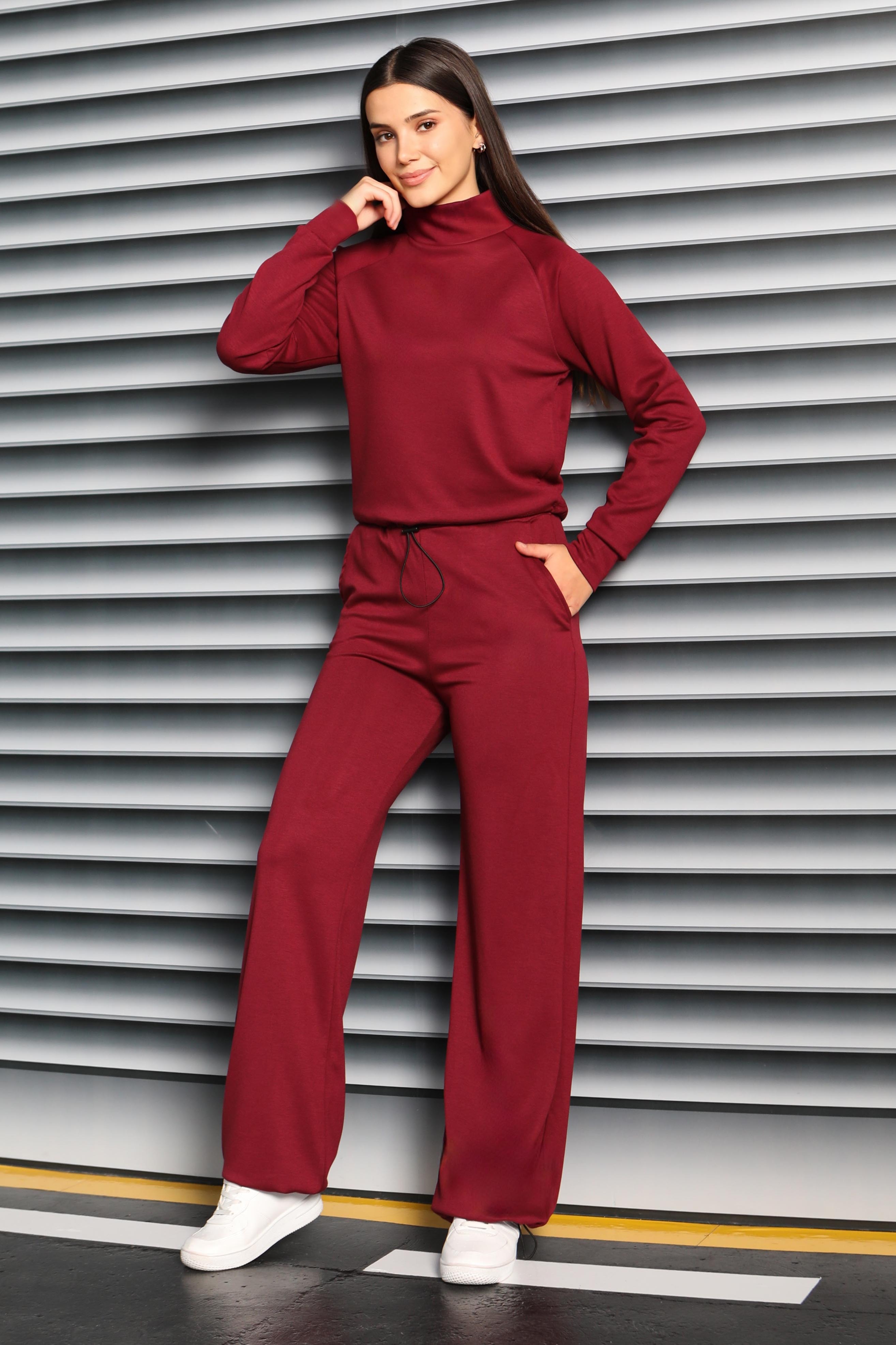 Beli Lastikli Detaylı Modal İkili Takım  - 27876-BORDO