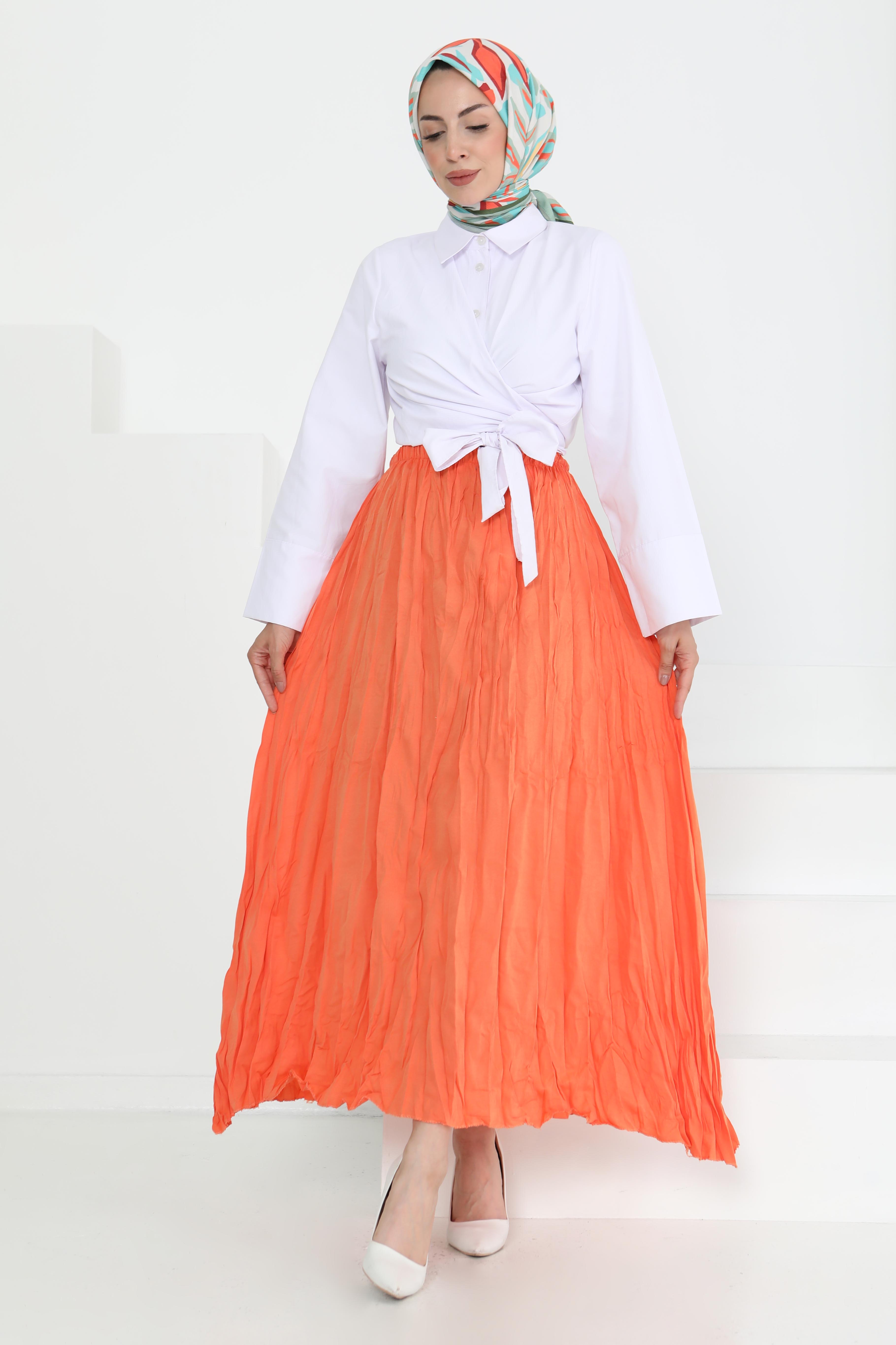 Beli Lastikli Kırışık Etek Oranj - 27013