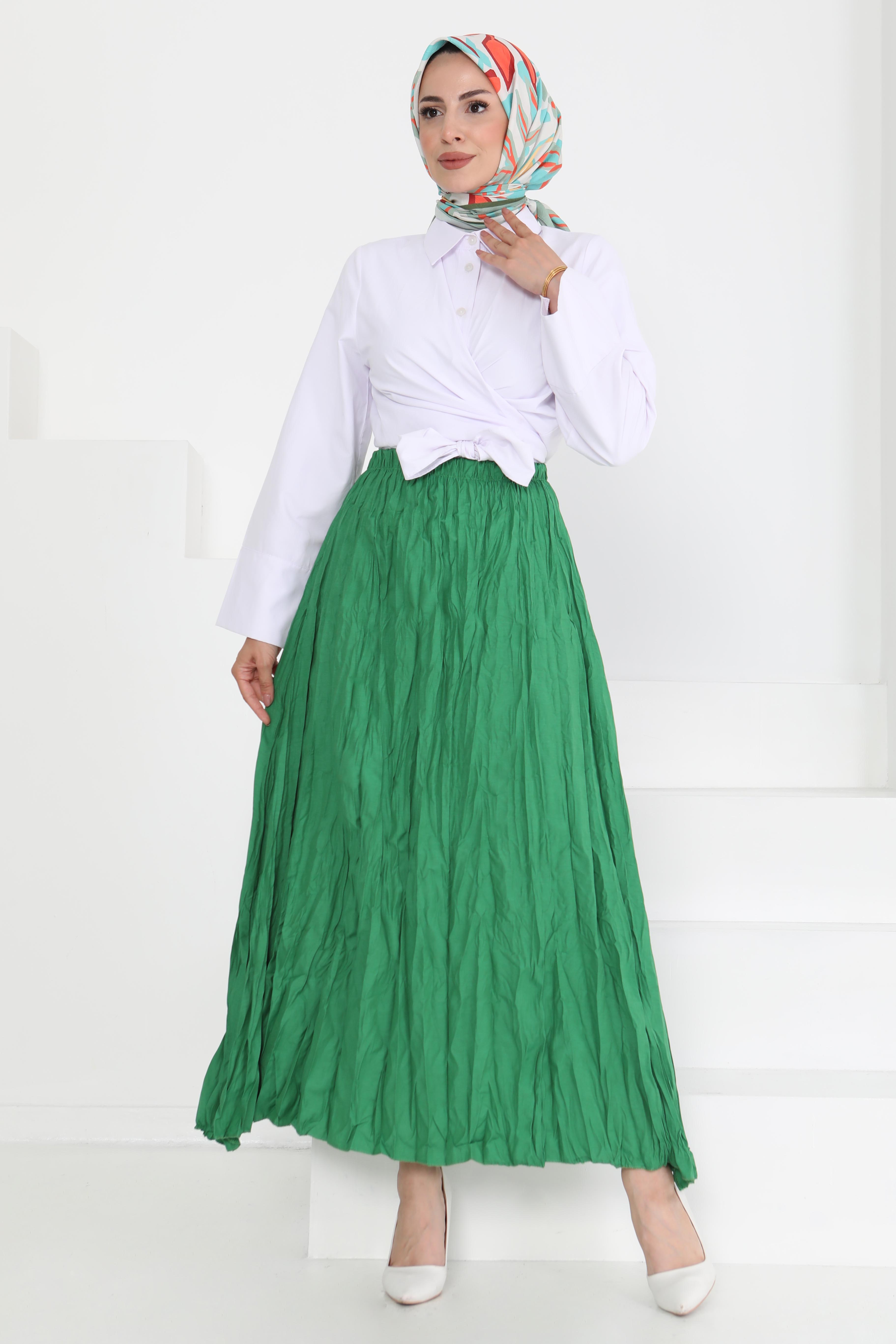 Beli Lastikli Kırışık Etek Yesil - 27013
