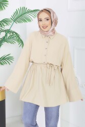 Beli Lastikli Kuşaklı Tunik - 28388-BEJ - TOFİSA
