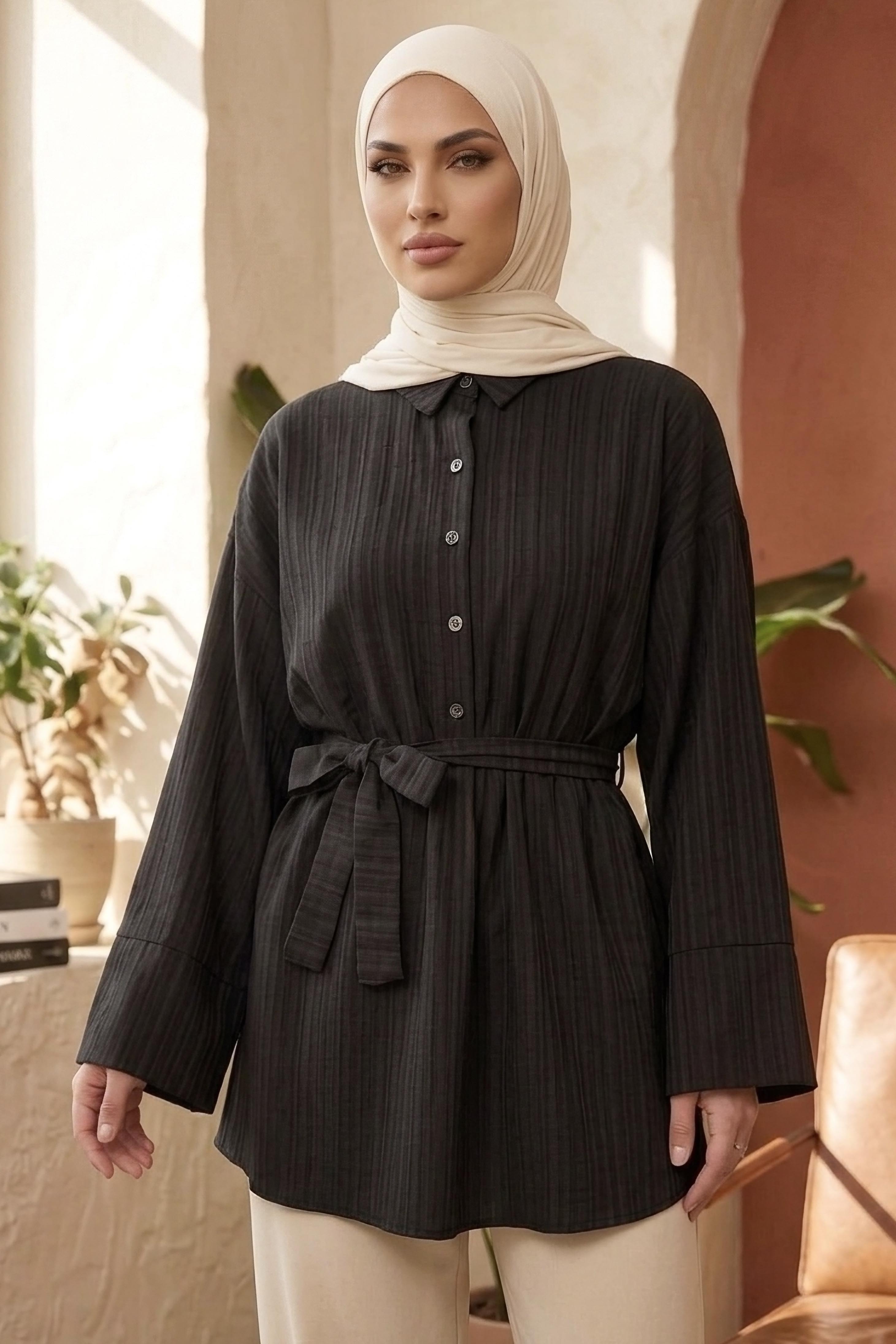 Beli Lastikli Kuşaklı Tunik  - 28388-SIYAH