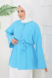 Beli Lastikli Kuşaklı Tunik - 28388-TURKUAZ - TOFİSA