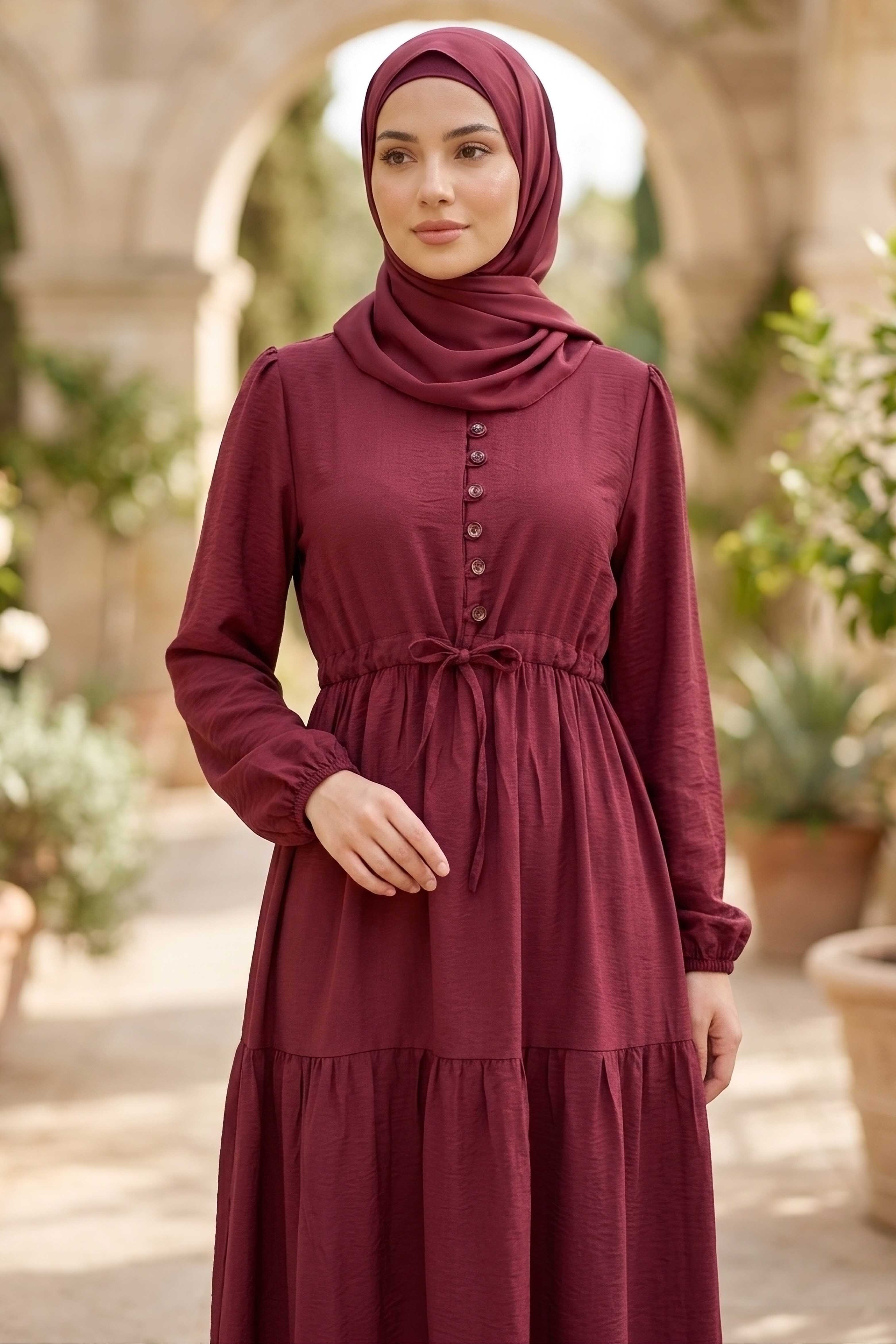 Belinde Tünel Detaylı 4 Katlı Elbise  - 28383-BORDO