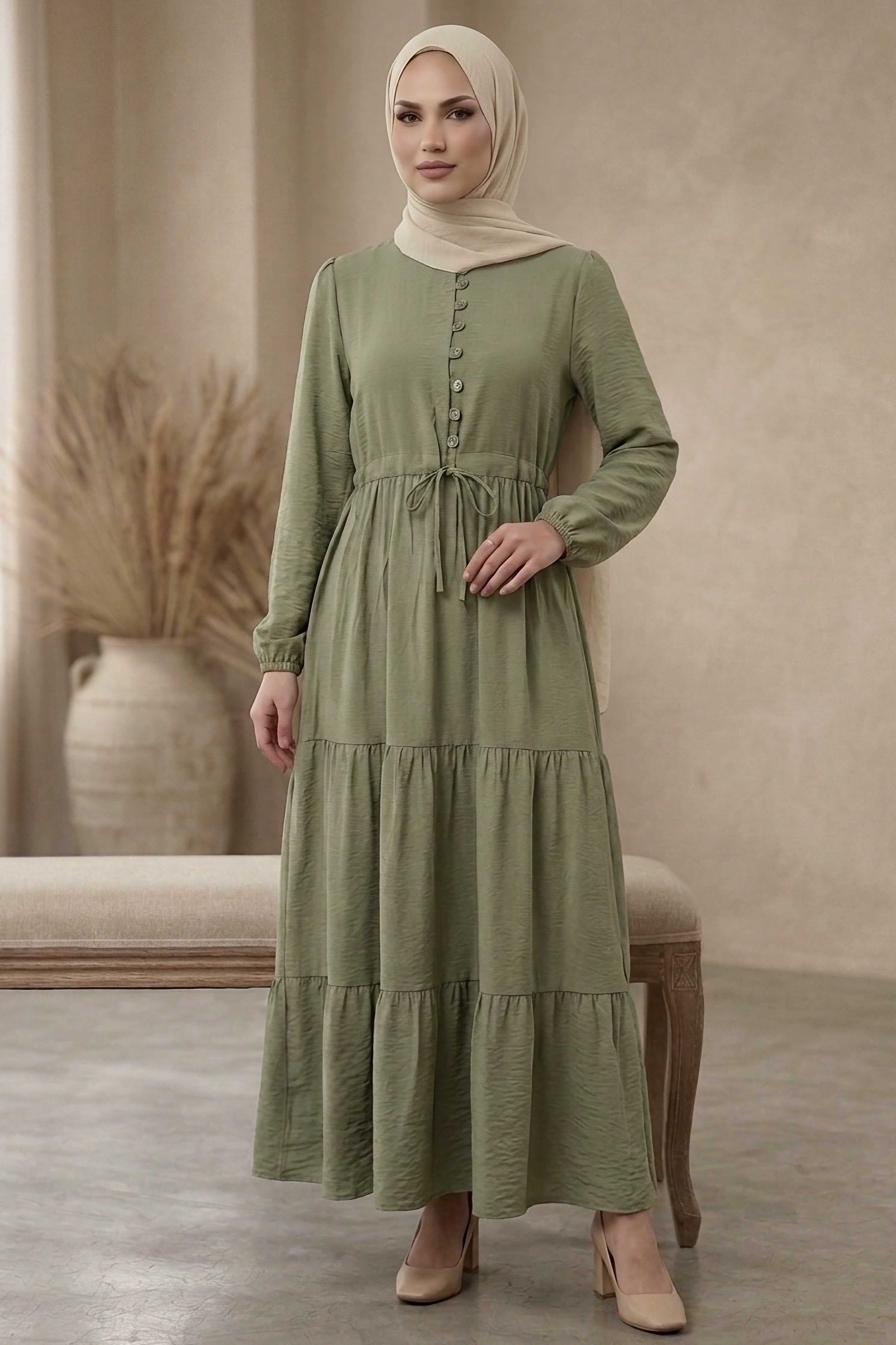 Belinde Tünel Detaylı 4 Katlı Elbise  - 28383-HAKI