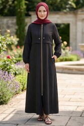 Bileği Lastikli Çizgili Fermuarlı Ferace Siyah - 2143-SIYAH - TOFİSA (1)