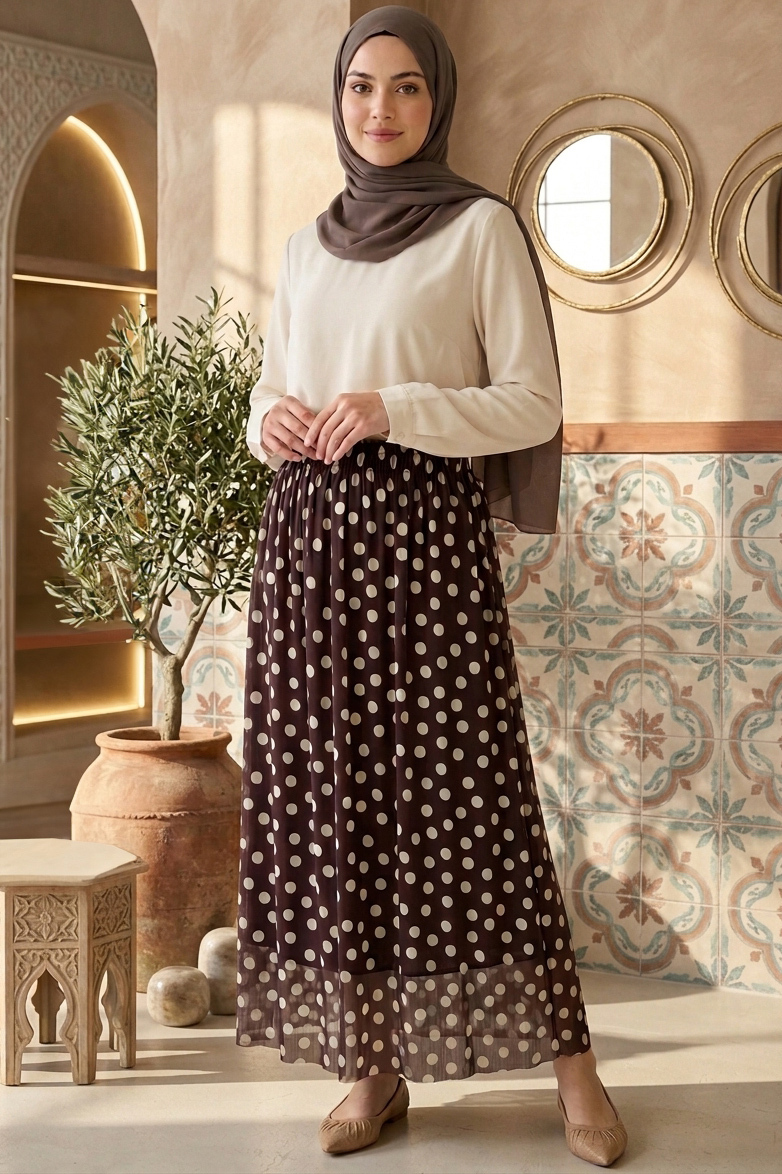 Büyük Puantiye Desenli Etek  - 28404-KAHVE