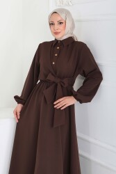 Çapraz Bağlama Bilekte Lastik Detaylı Duoble Elbise - 27864-KAHVE - TOFİSA