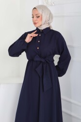 Çapraz Bağlama Bilekte Lastik Detaylı Duoble Elbise - 27864-LACIVERT - TOFİSA (1)