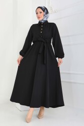 Çapraz Bağlama Bilekte Lastik Detaylı Duoble Elbise - 27864-SIYAH - TOFİSA
