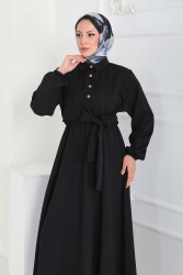 Çapraz Bağlama Bilekte Lastik Detaylı Duoble Elbise - 27864-SIYAH - TOFİSA (1)