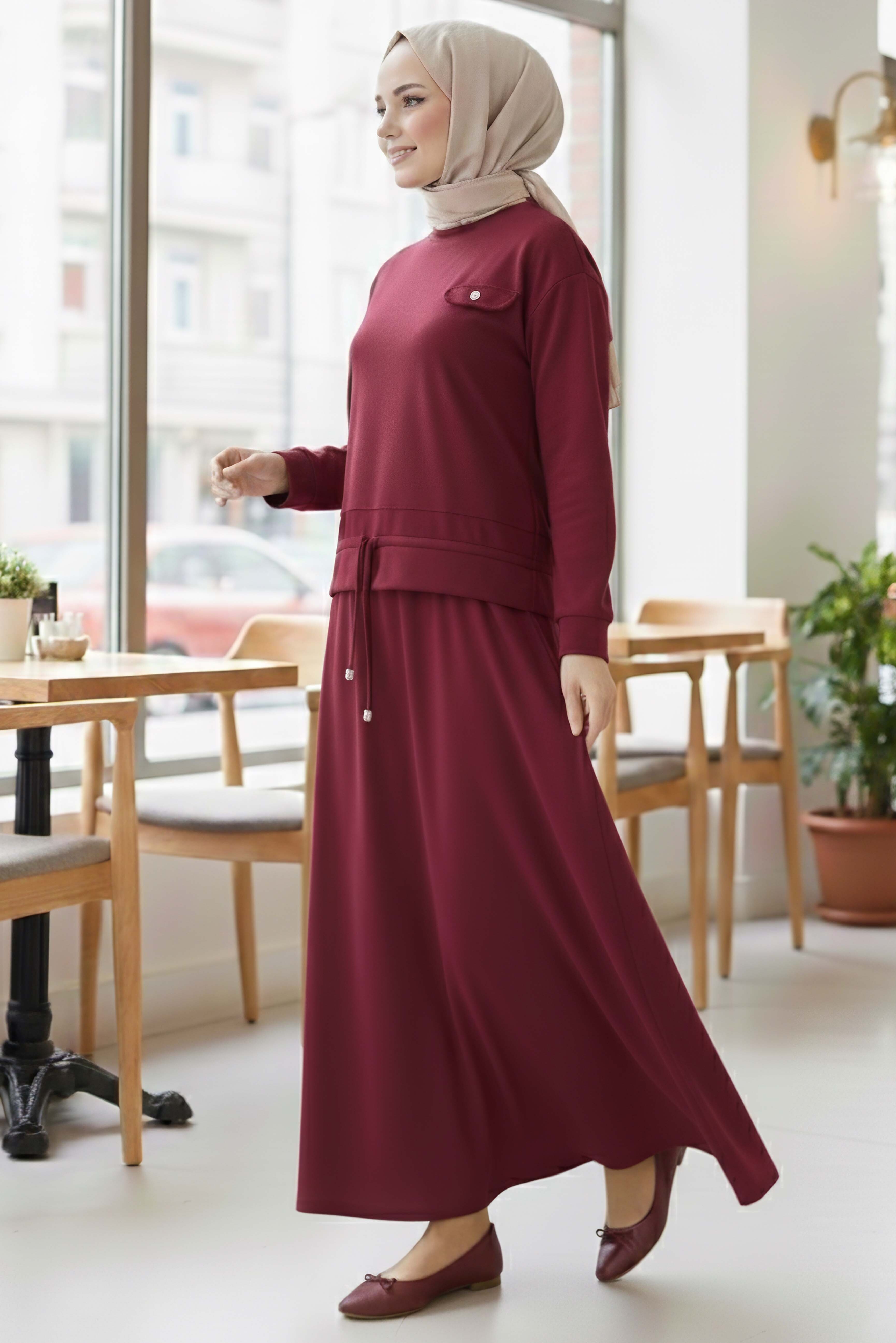 Cep Detaylı Bağcıklı Etek Takım  - 2071-BORDO
