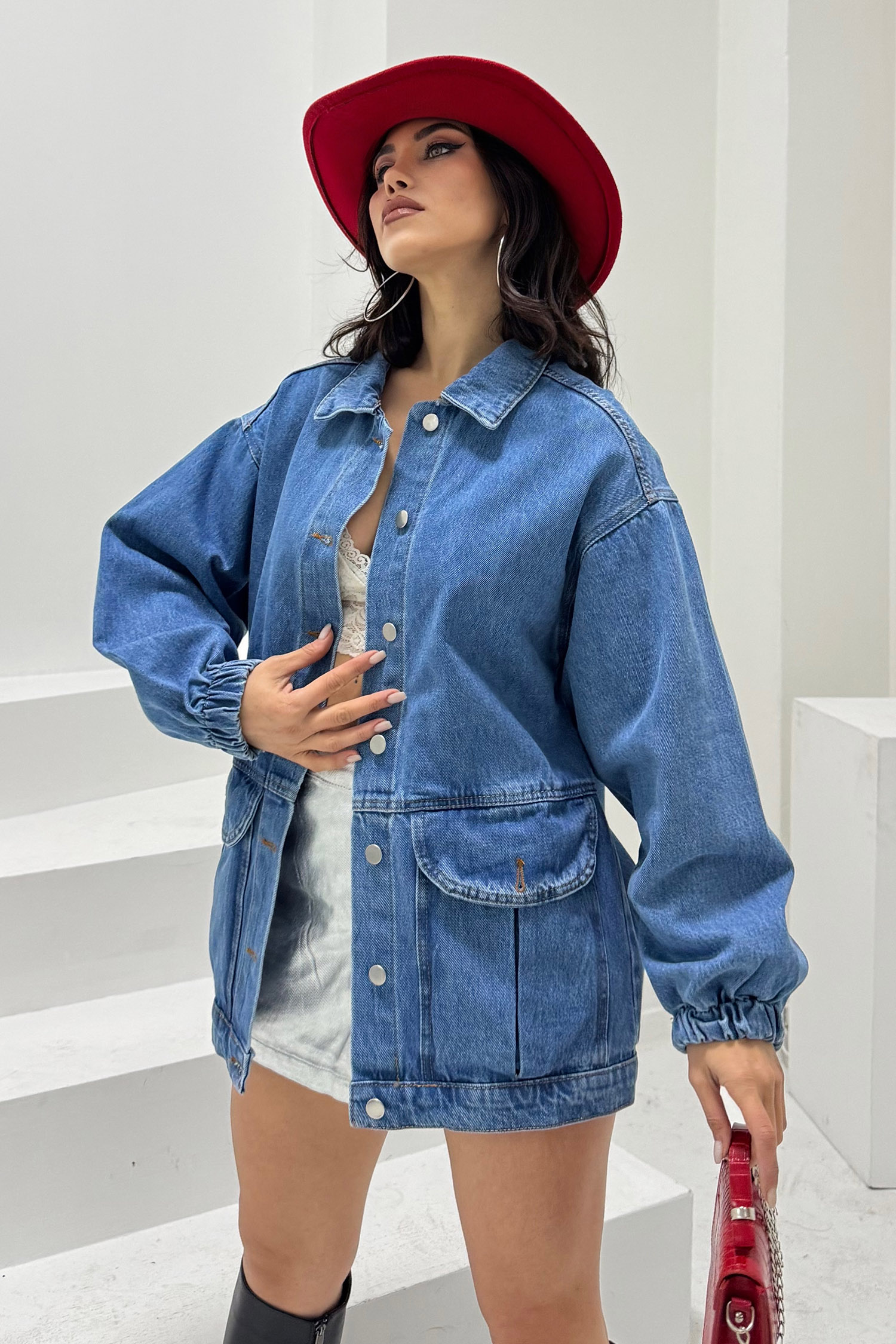 Kadın Oversize Körüklü Cep Kot Ceket Mavi - 26578