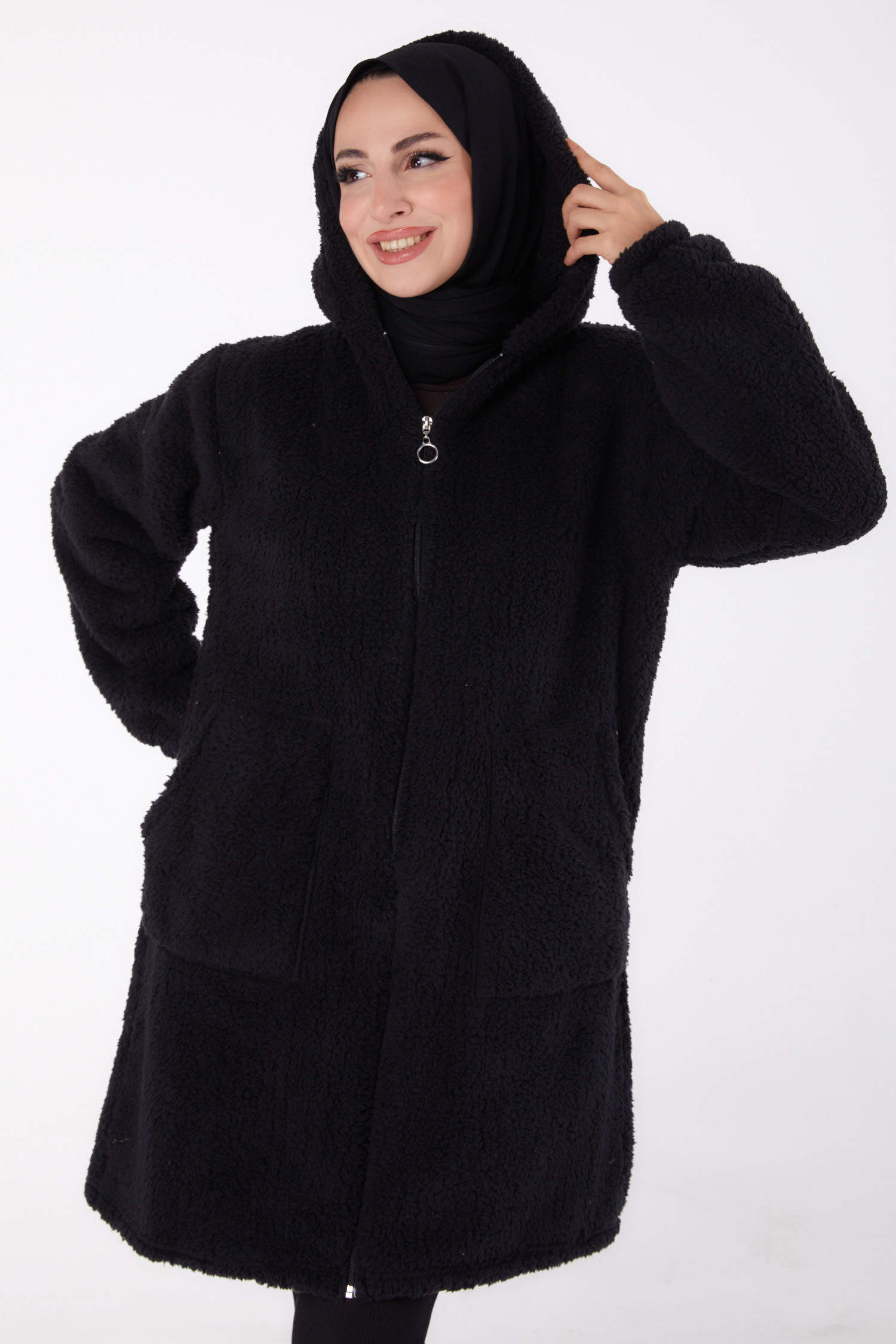 Cepli Peluş Mont  - 27818-SIYAH