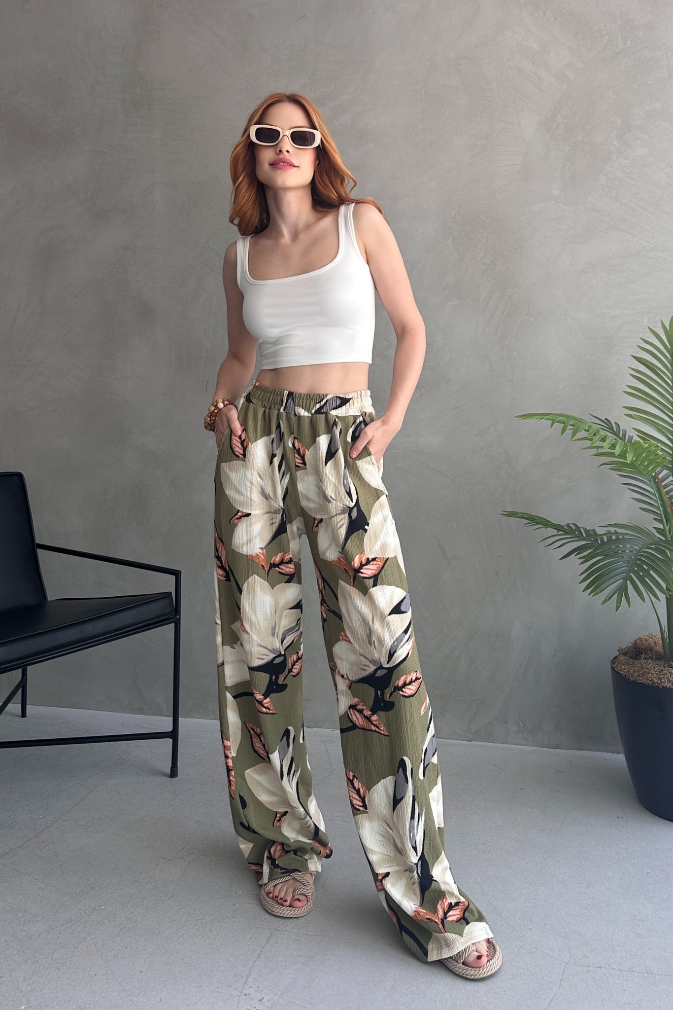 Çiçek Desenli Bol Pantolon  - 27237