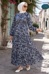 Çiçek Desenli Elbise Mavi - 28676-MAVI - TOFİSA