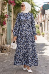Çiçek Desenli Elbise Mavi - 28676-MAVI - TOFİSA (1)