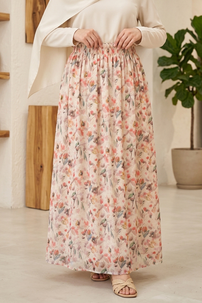Çiçek Desenli Etek  - 28403-BEJ