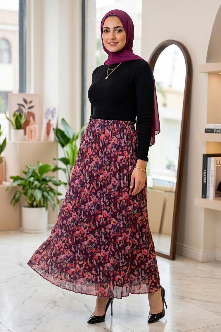 Çiçek Desenli Etek  - 28403-BORDO