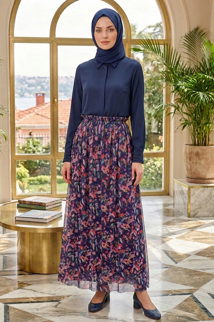 Çiçek Desenli Etek  - 28403-LACIVERT