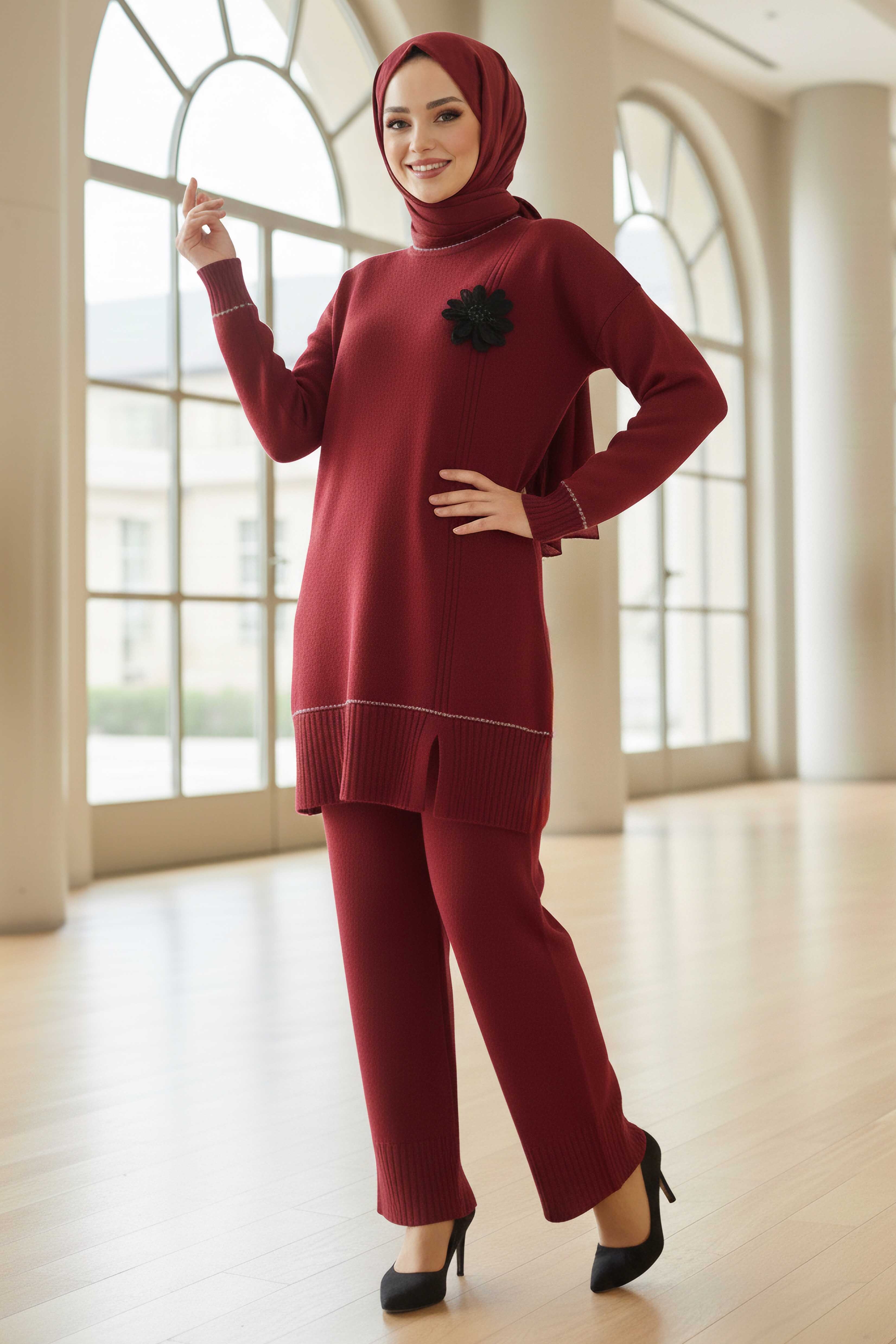 Çiçek Detaylı Triko İkili Takım  - 28125-BORDO