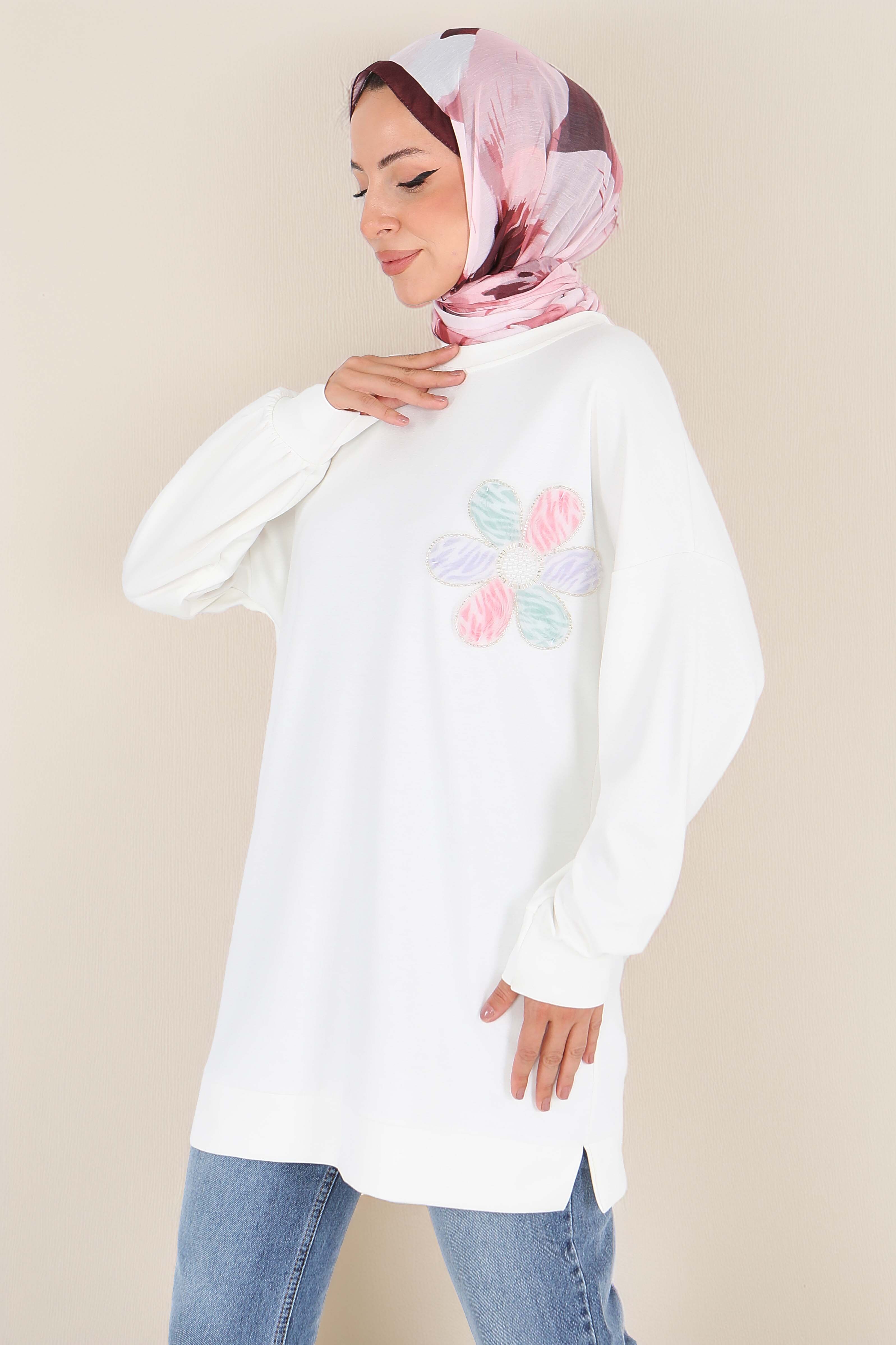 Çiçek İşlemeli Modal Tunik  - 27672