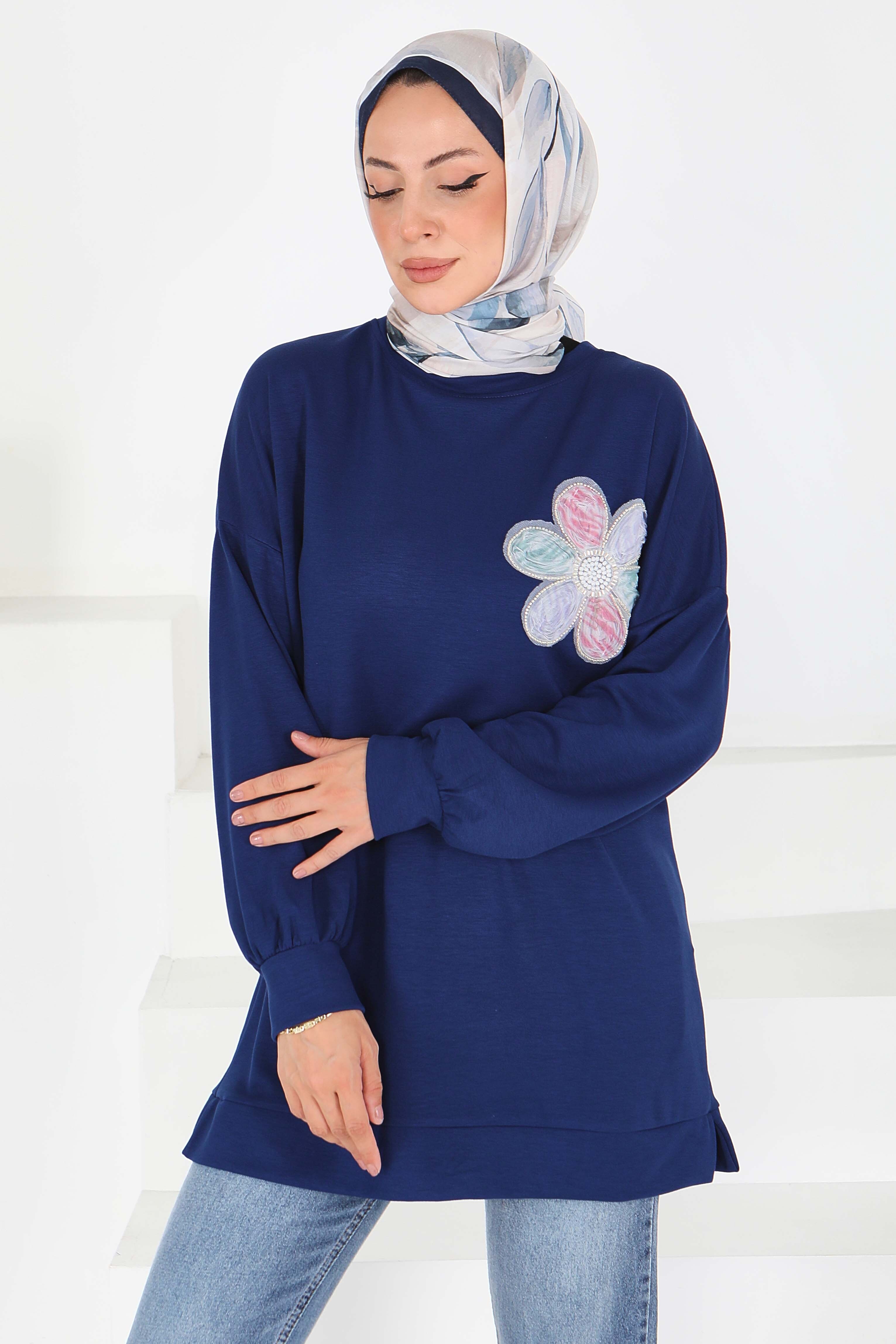 Çiçek İşlemeli Modal Tunik  - 27672