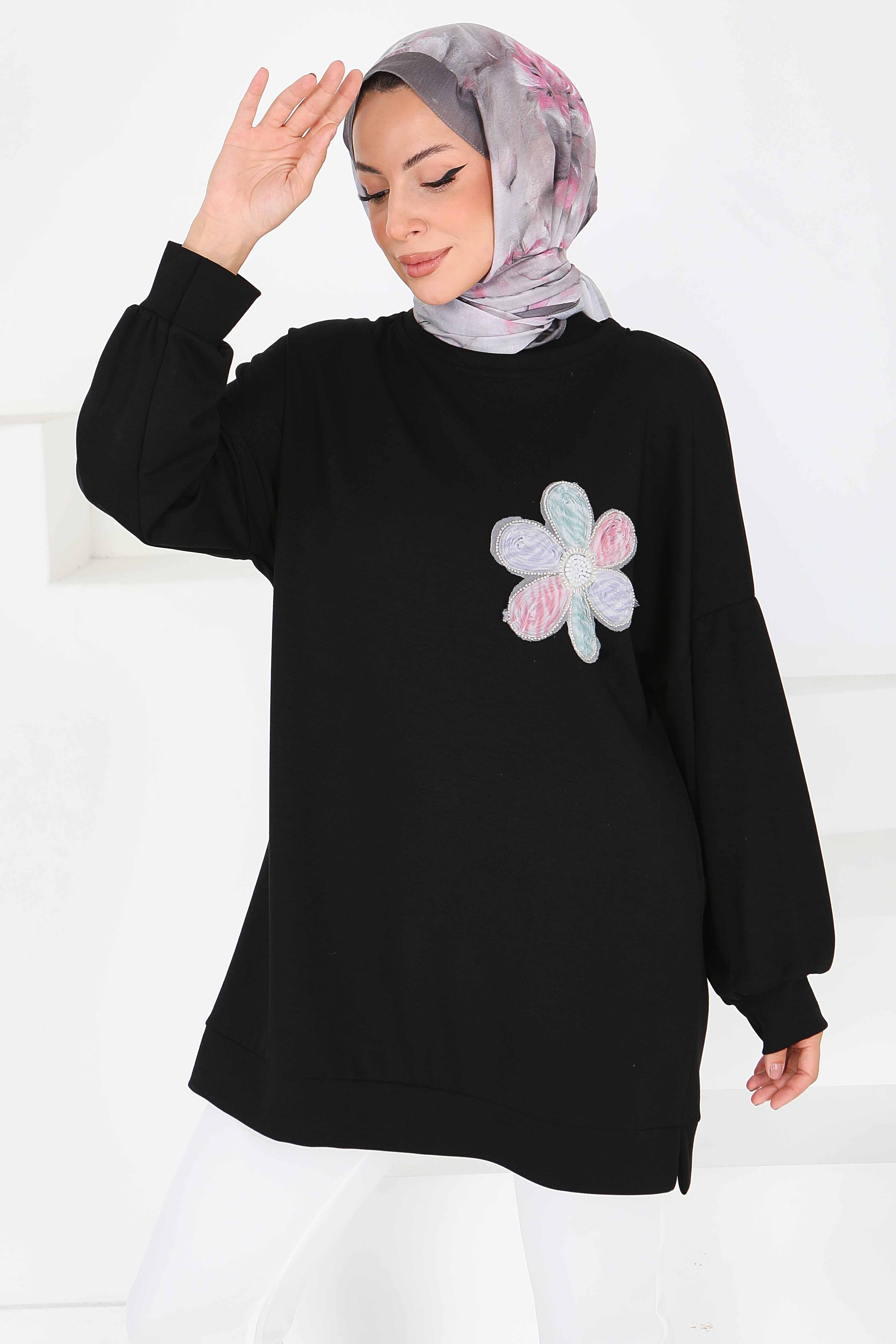 Çiçek İşlemeli Modal Tunik  - 27672