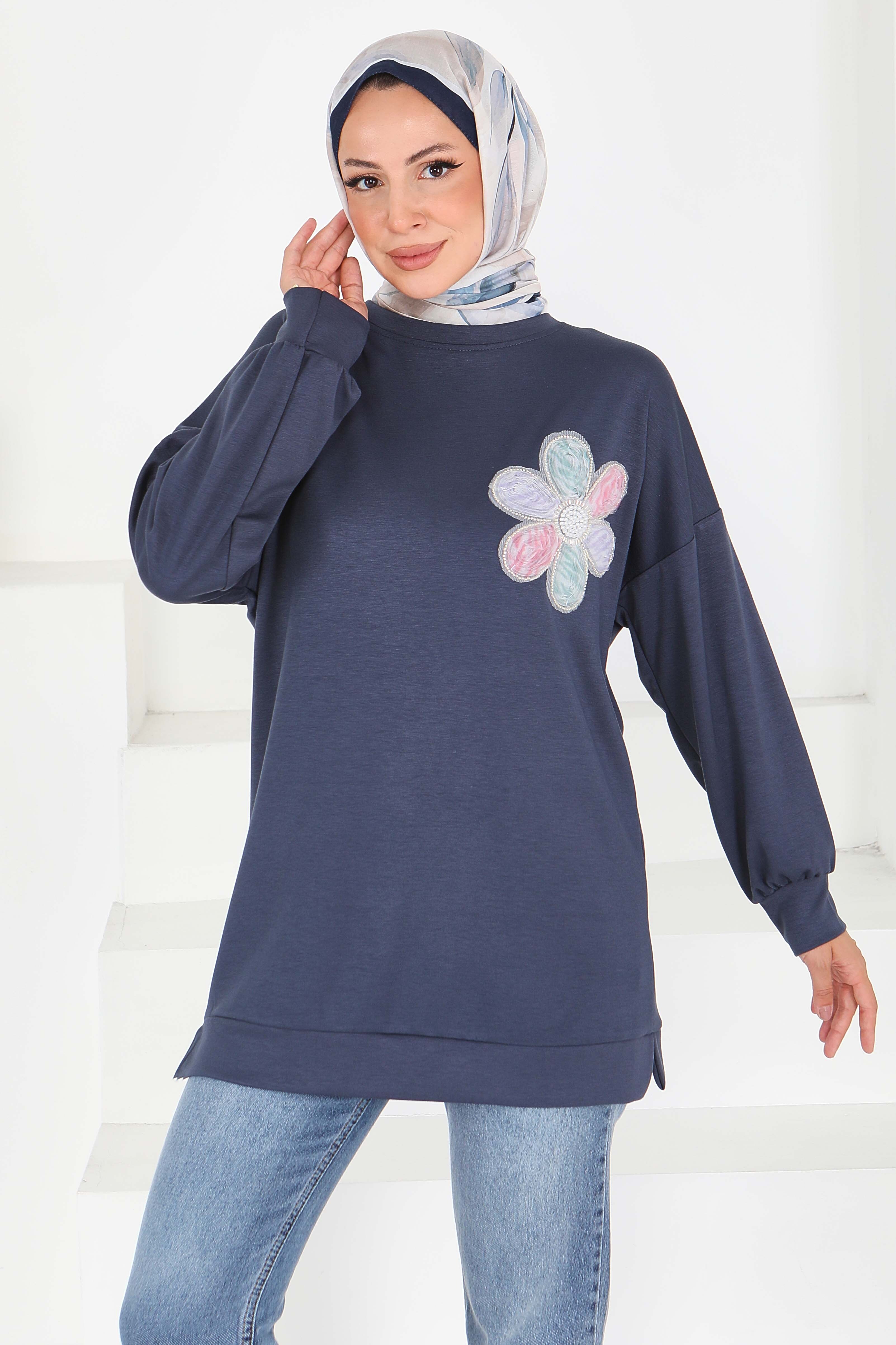 Çiçek İşlemeli Modal Tunik  - 27672