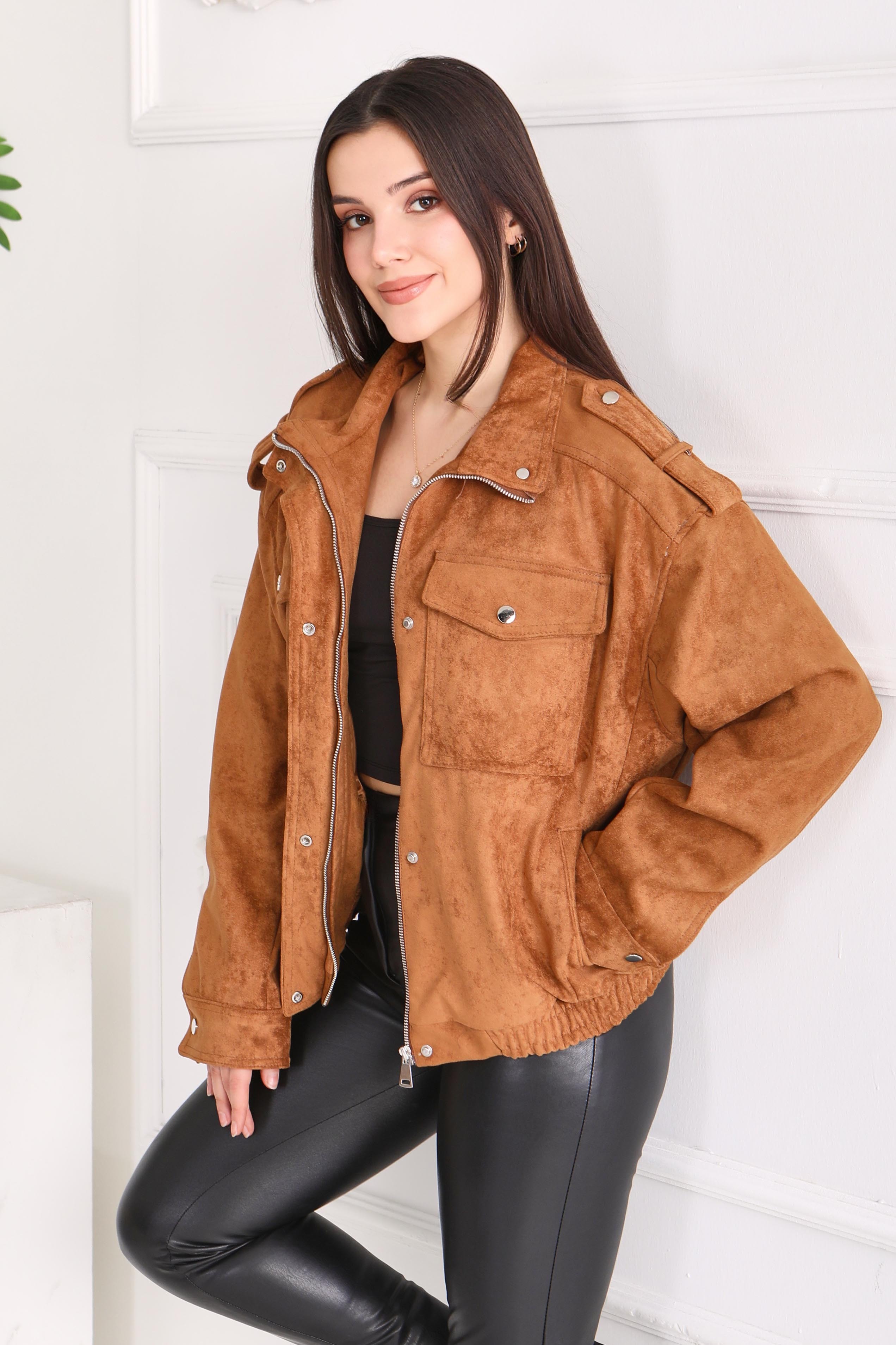 Çift Cepli Beli Lastikli Süet Ceket  - 28091-TABA