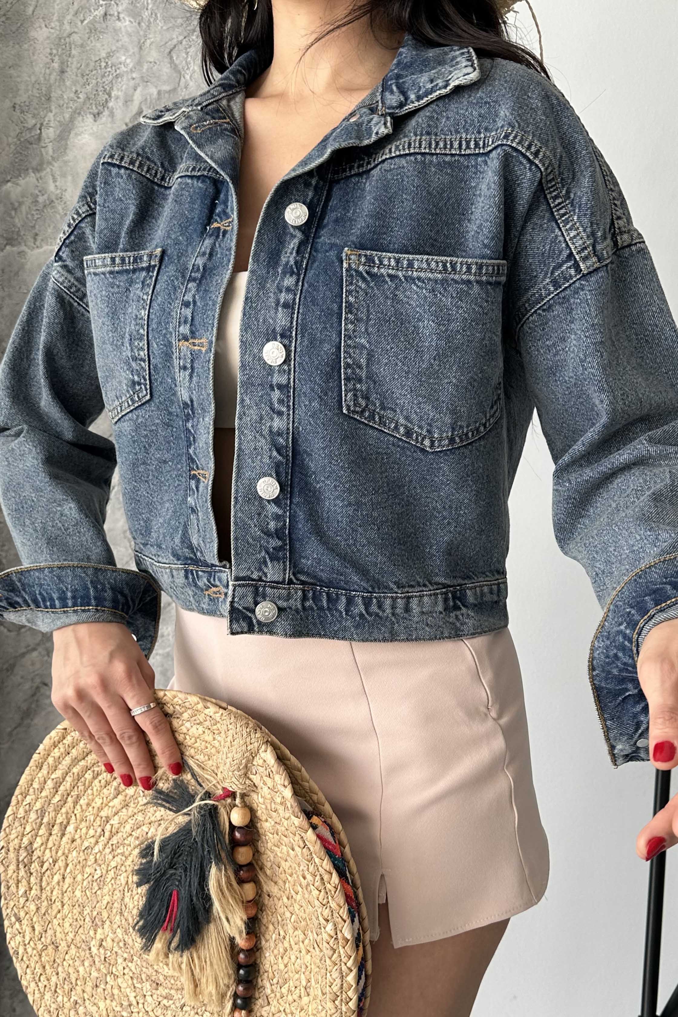 Çift Cepli Demin Crop Ceket - 27271
