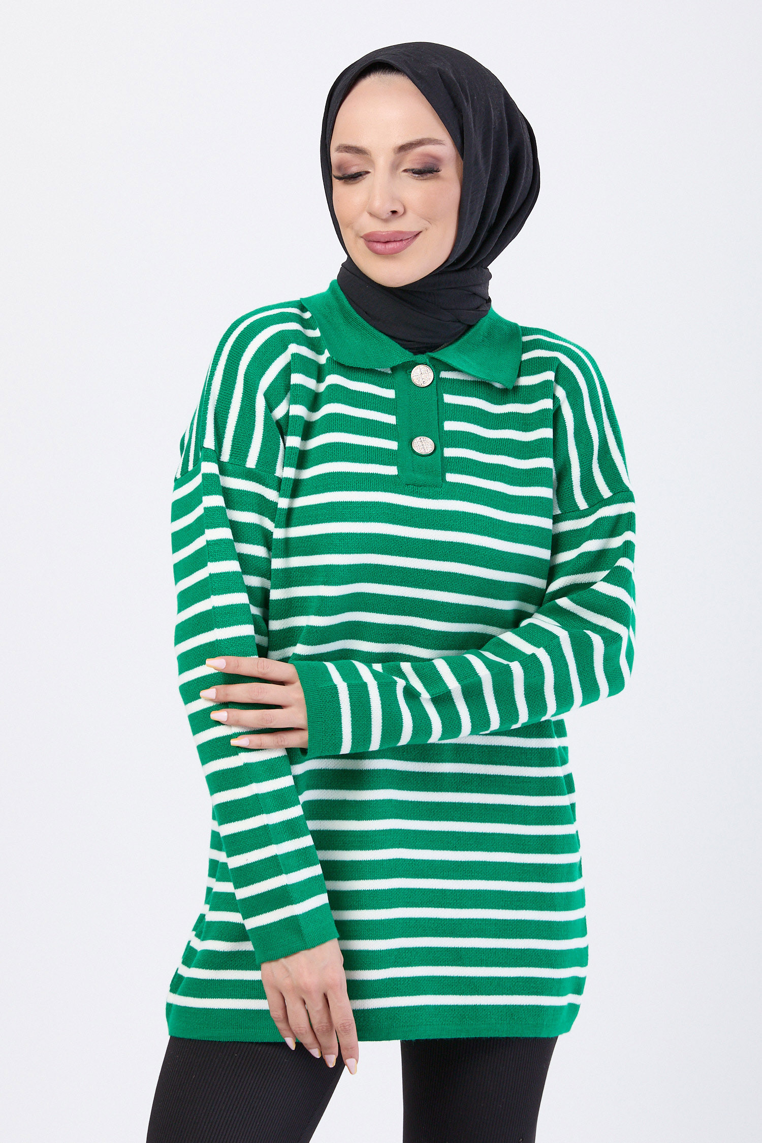 Çift Düğmeli Çizgili Triko Kazak  - 27628