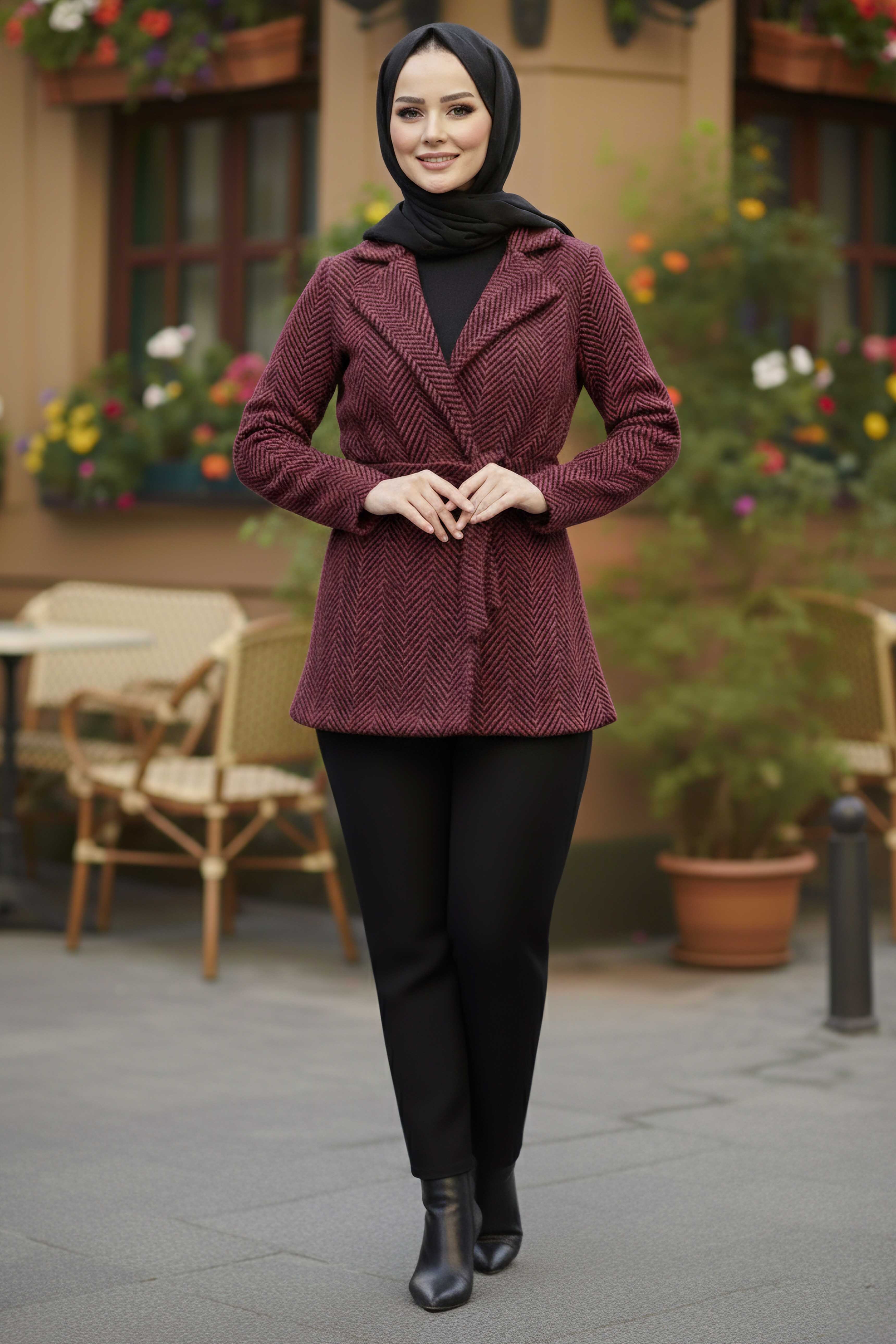 Çizgili Kuşaklı Kaşe Kaban Ceket  - 2068-KIRMIZI