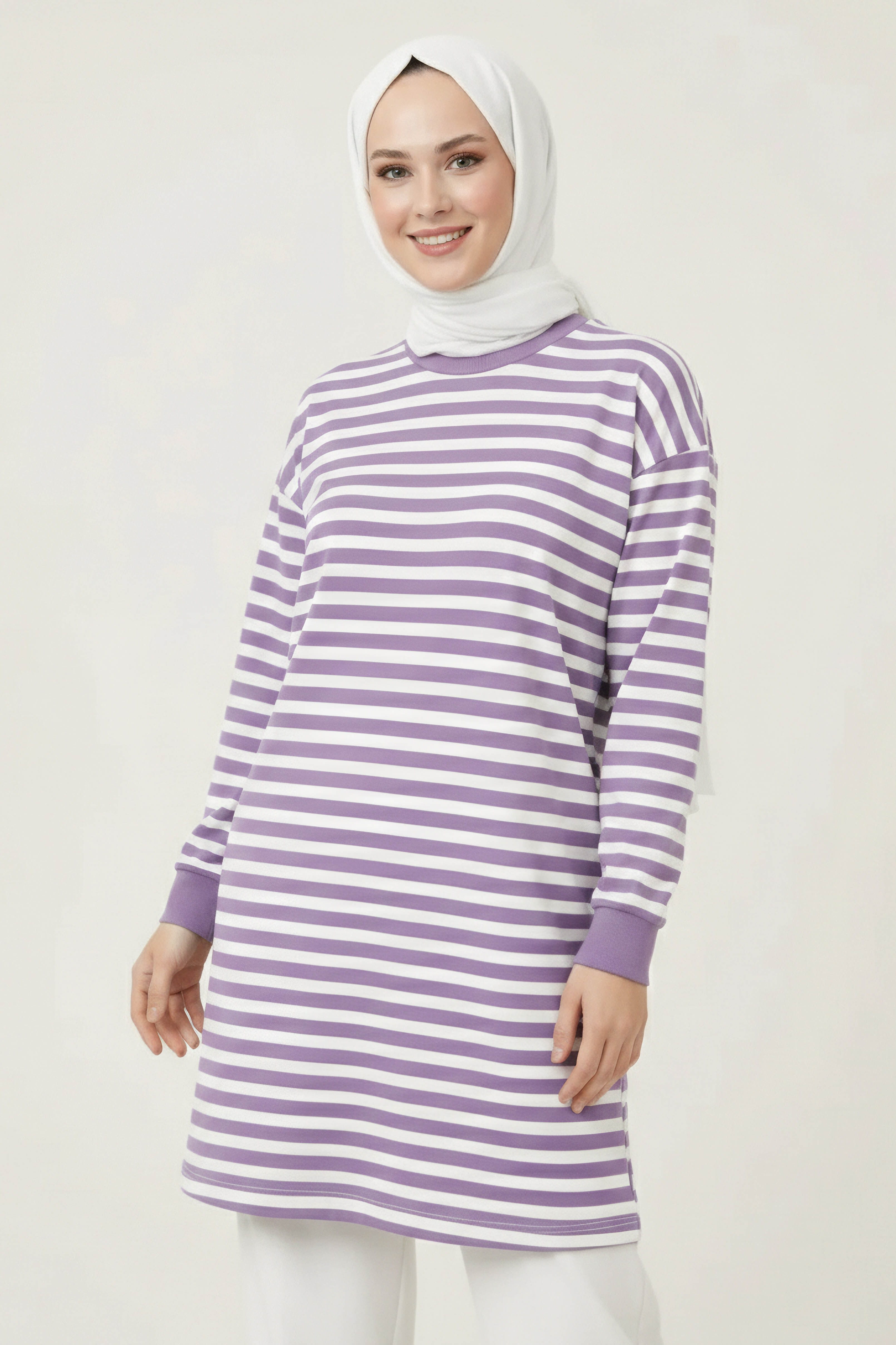Çizgili Manşetli Tunik  - 28218-LILA