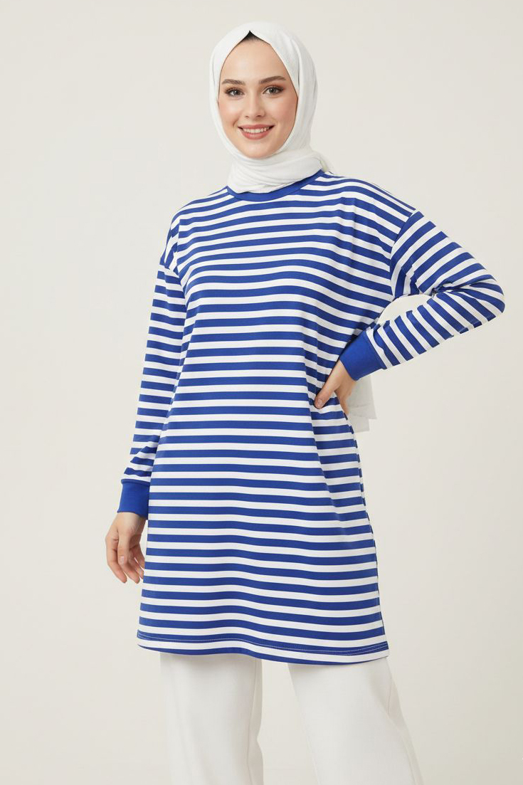 Çizgili Manşetli Tunik  - 28218-SAKS