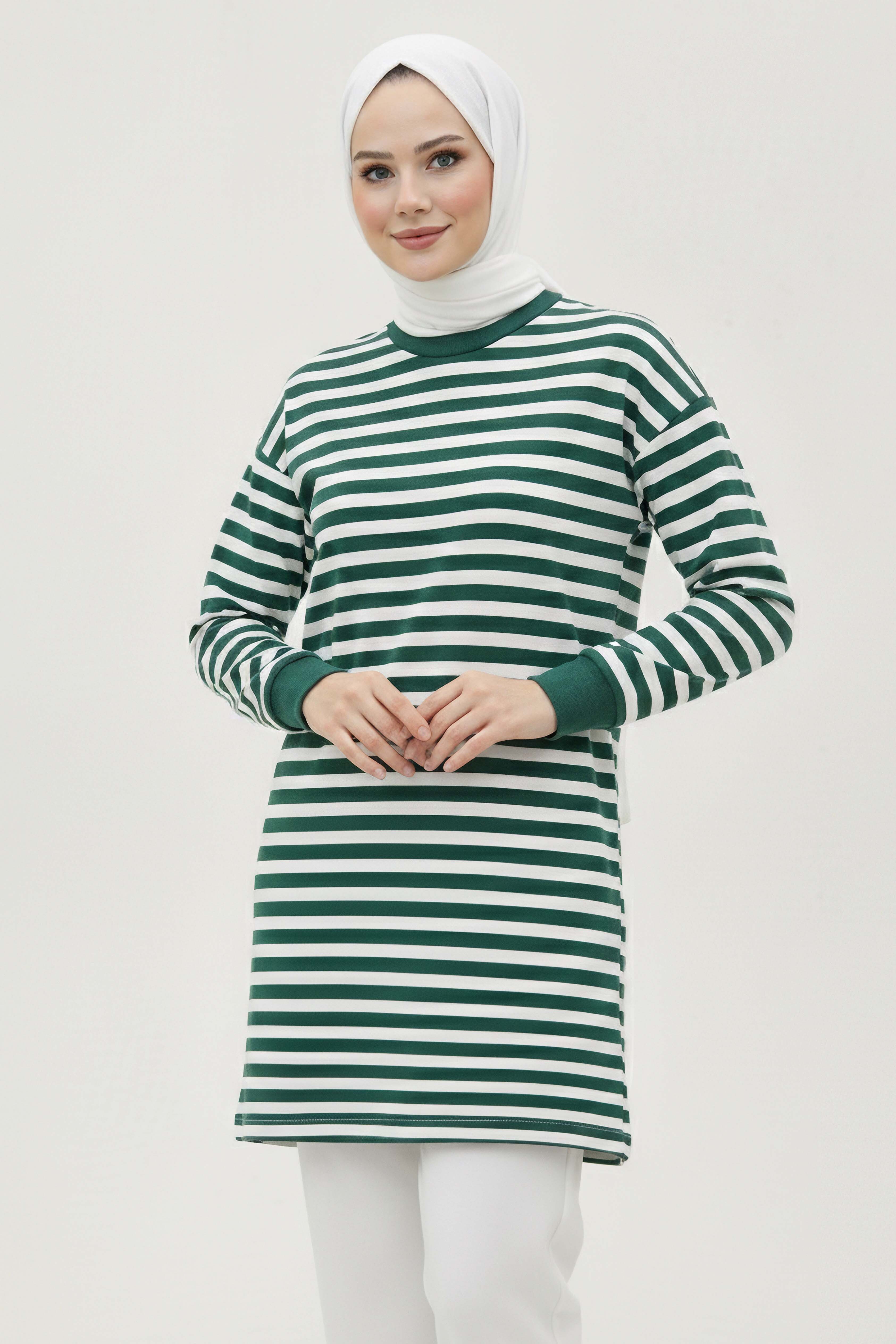 Çizgili Manşetli Tunik  - 28218-YESIL