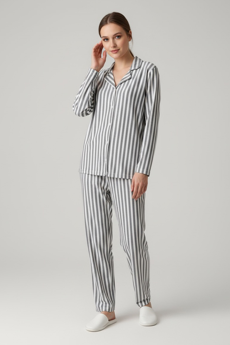 Çizgili Pijama Takımı  - 27940-GRI