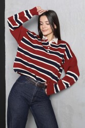Çizgili Polo Yaka Triko Kazak - 27825-KIRMIZI - TOFİSA