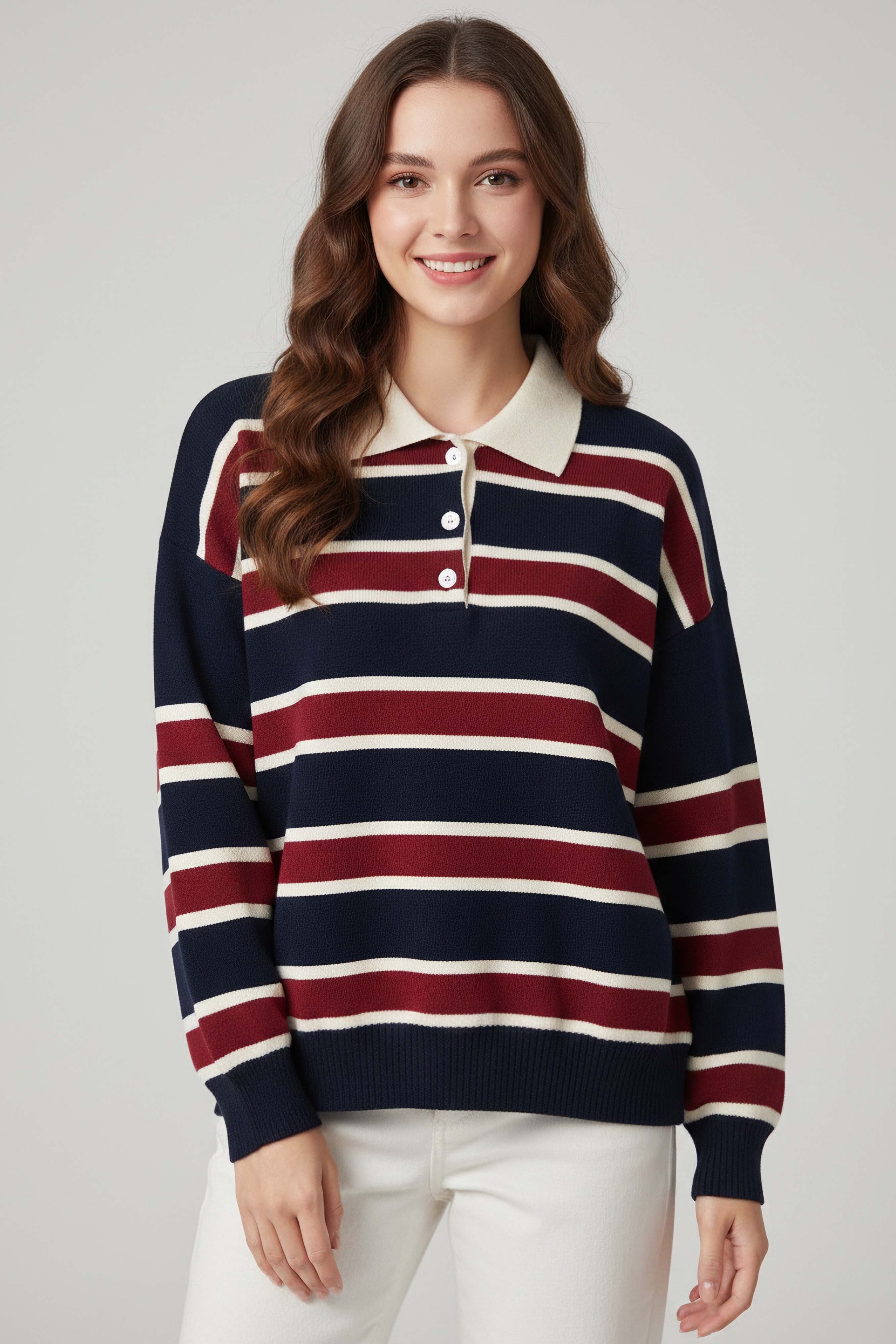 Çizgili Polo Yaka Triko Kazak  - 27825-LACIVERT