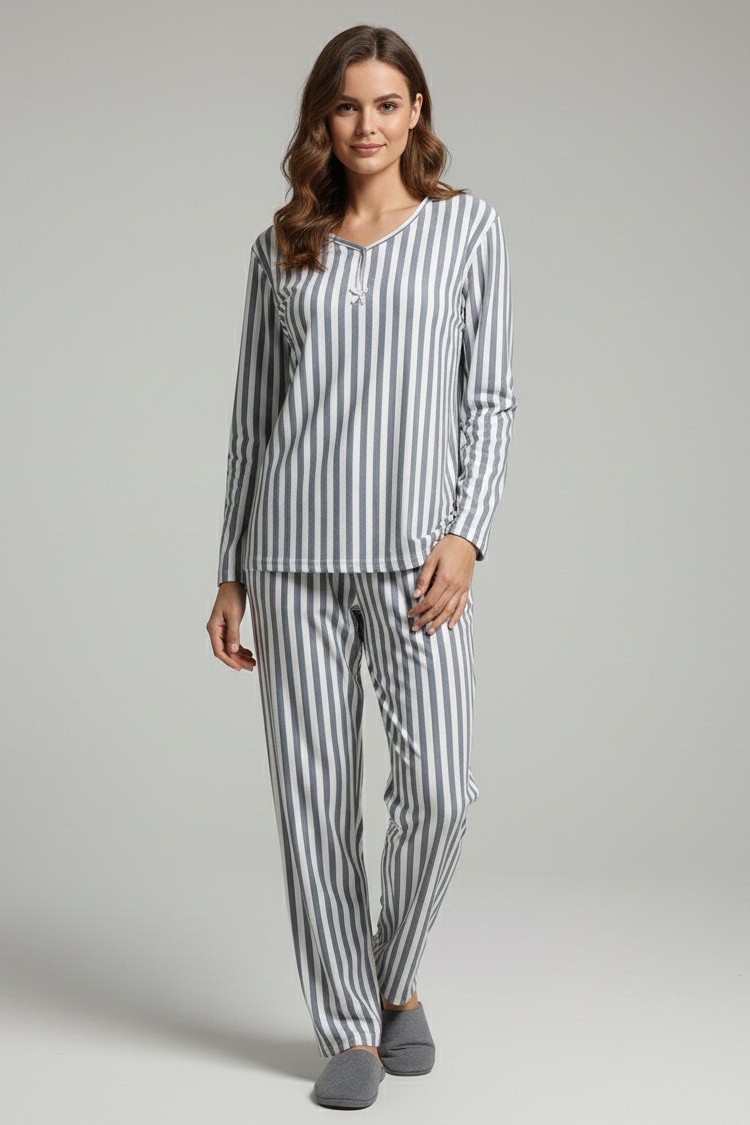 Çizgili Süet Pijama Takımı  - 28057-GRI