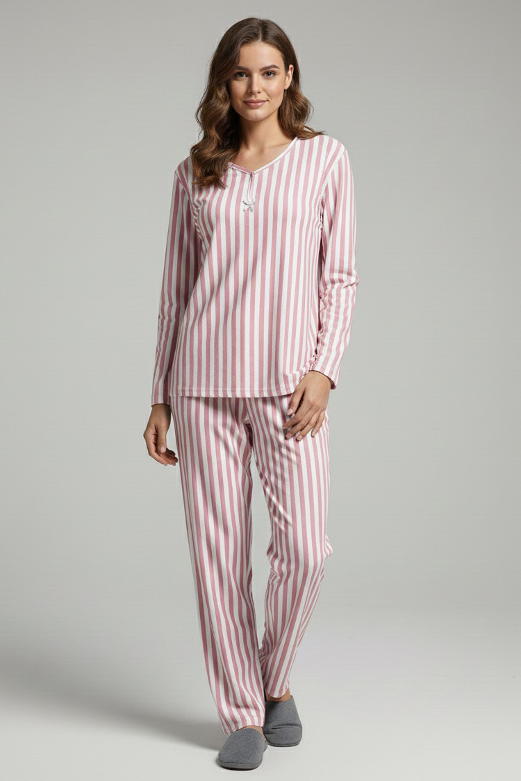 Çizgili Süet Pijama Takımı  - 28057-PEMBE