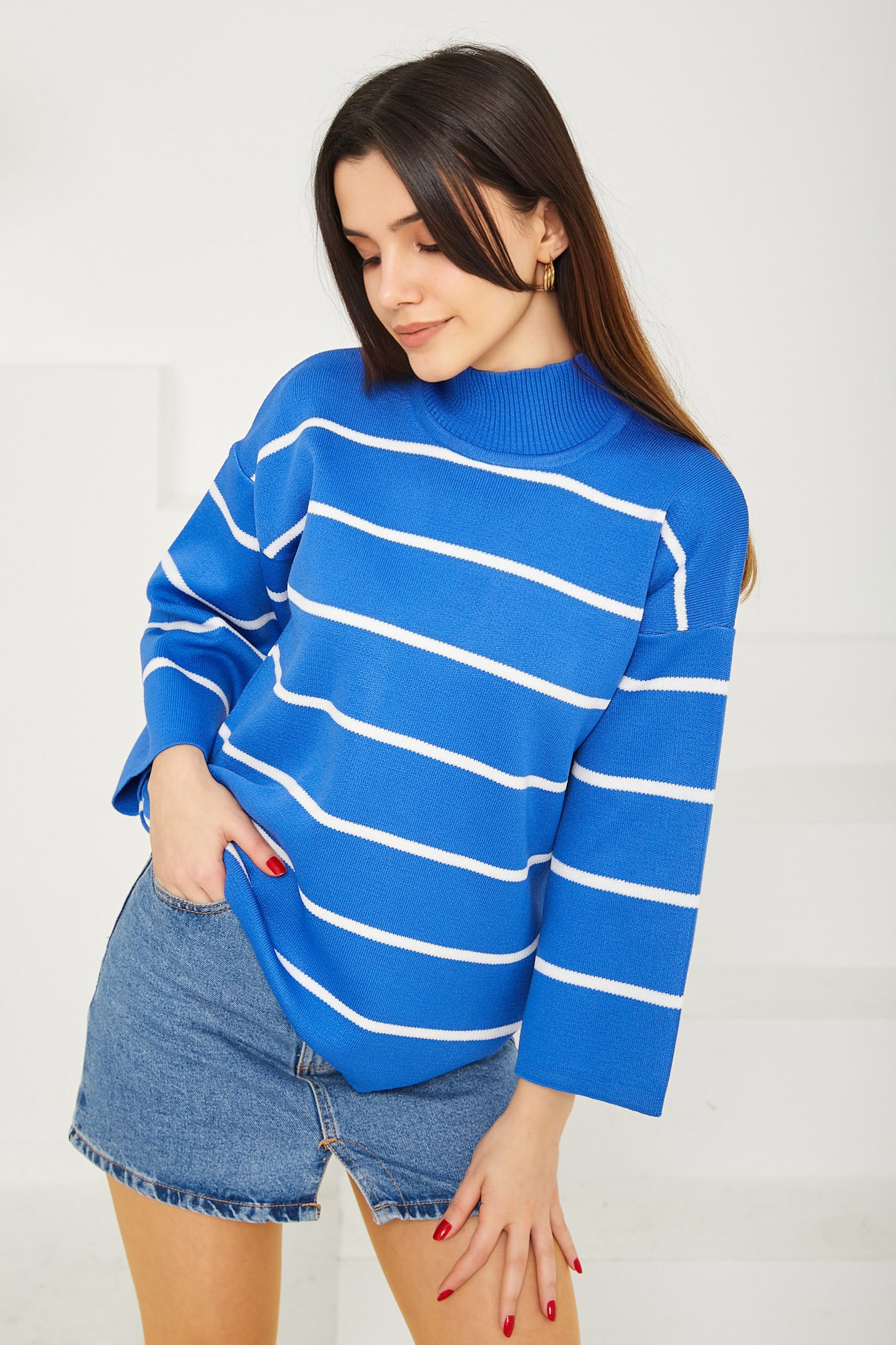 Çizgili Triko Kazak  - 27751-SAKS