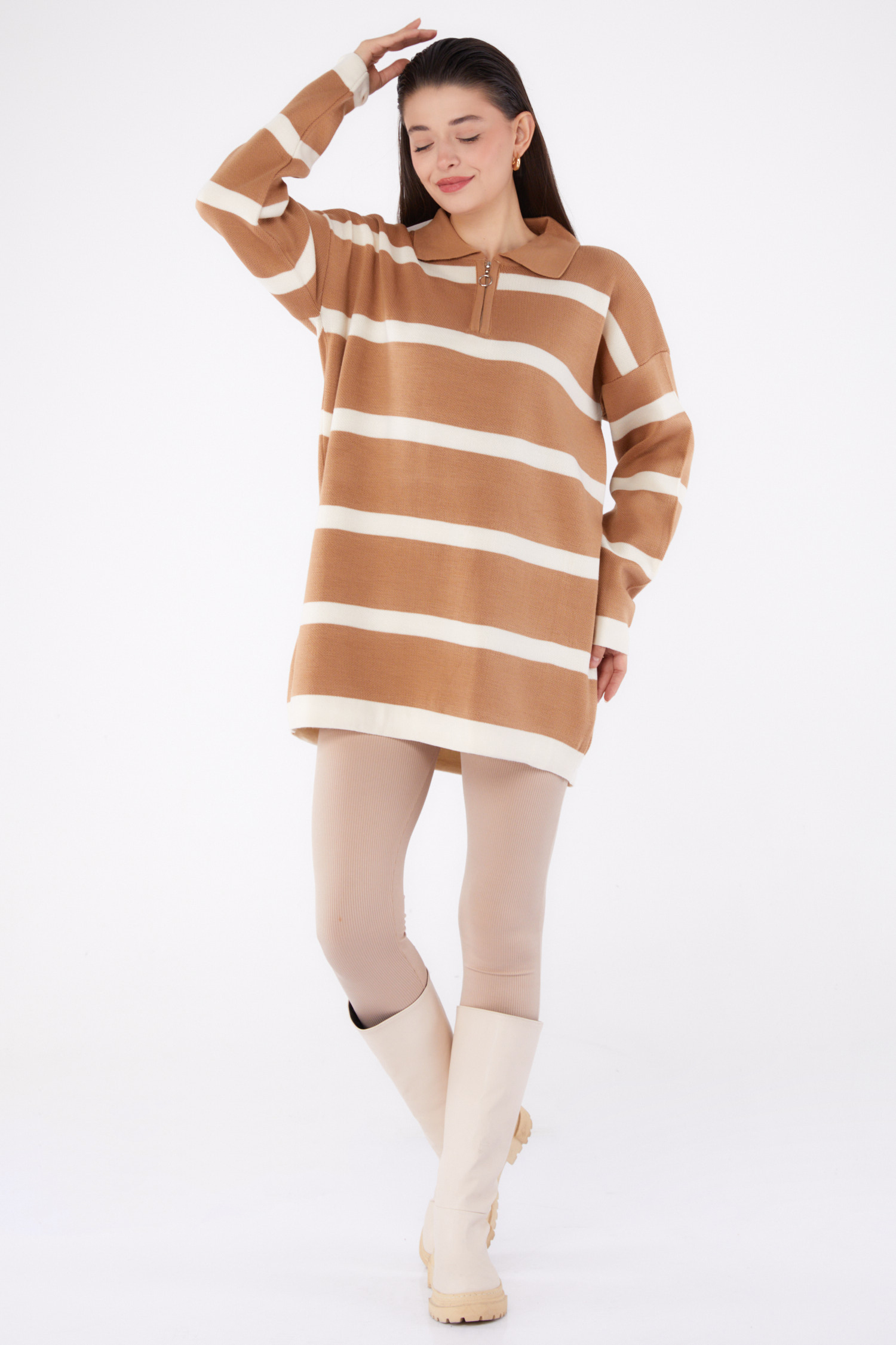 Çizgili Triko Tunik  - 27741-VIZON