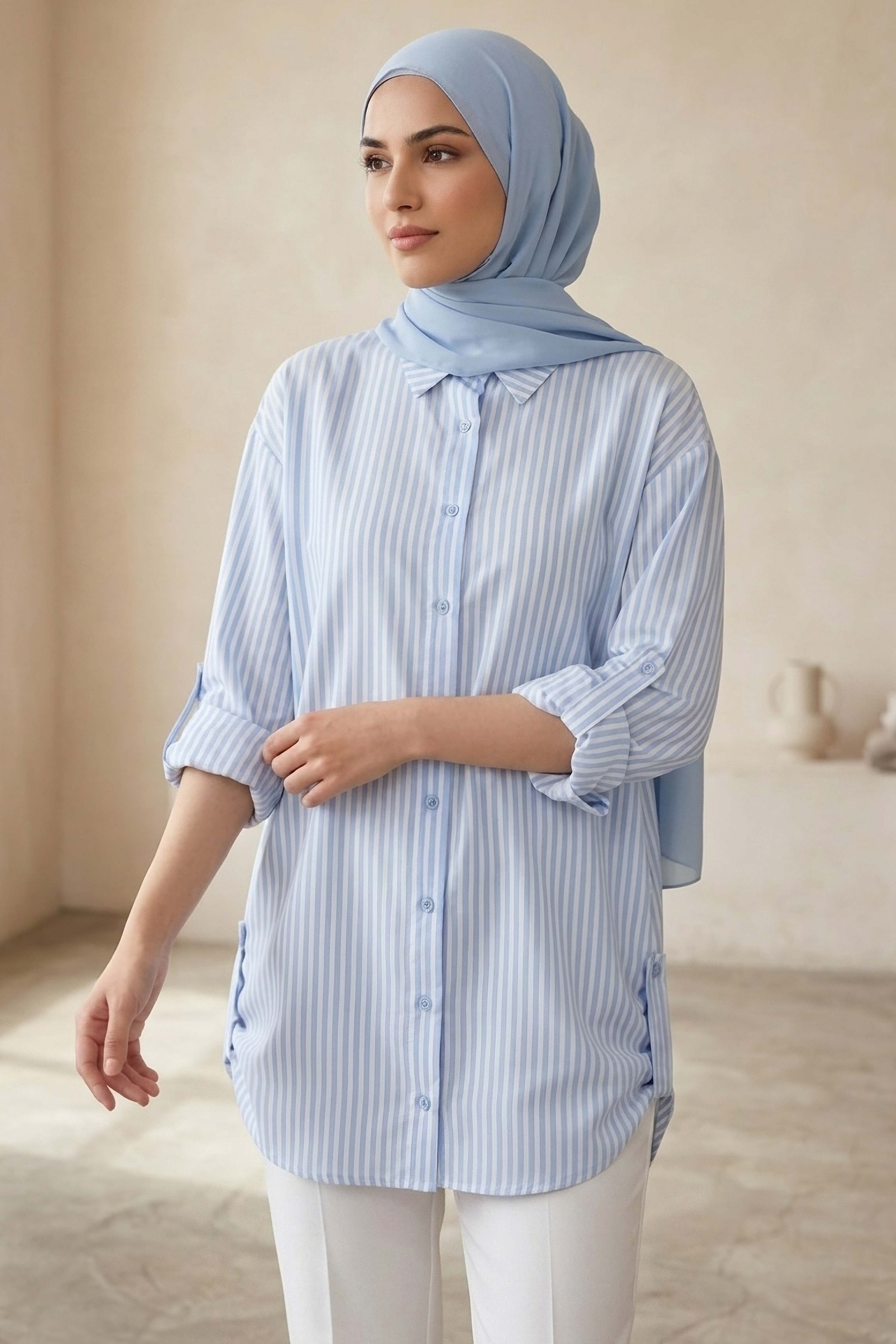 Çizgili Yanları Düğme Detaylı Tunik Bebe Mavi - 1329-BEBE-MAVI