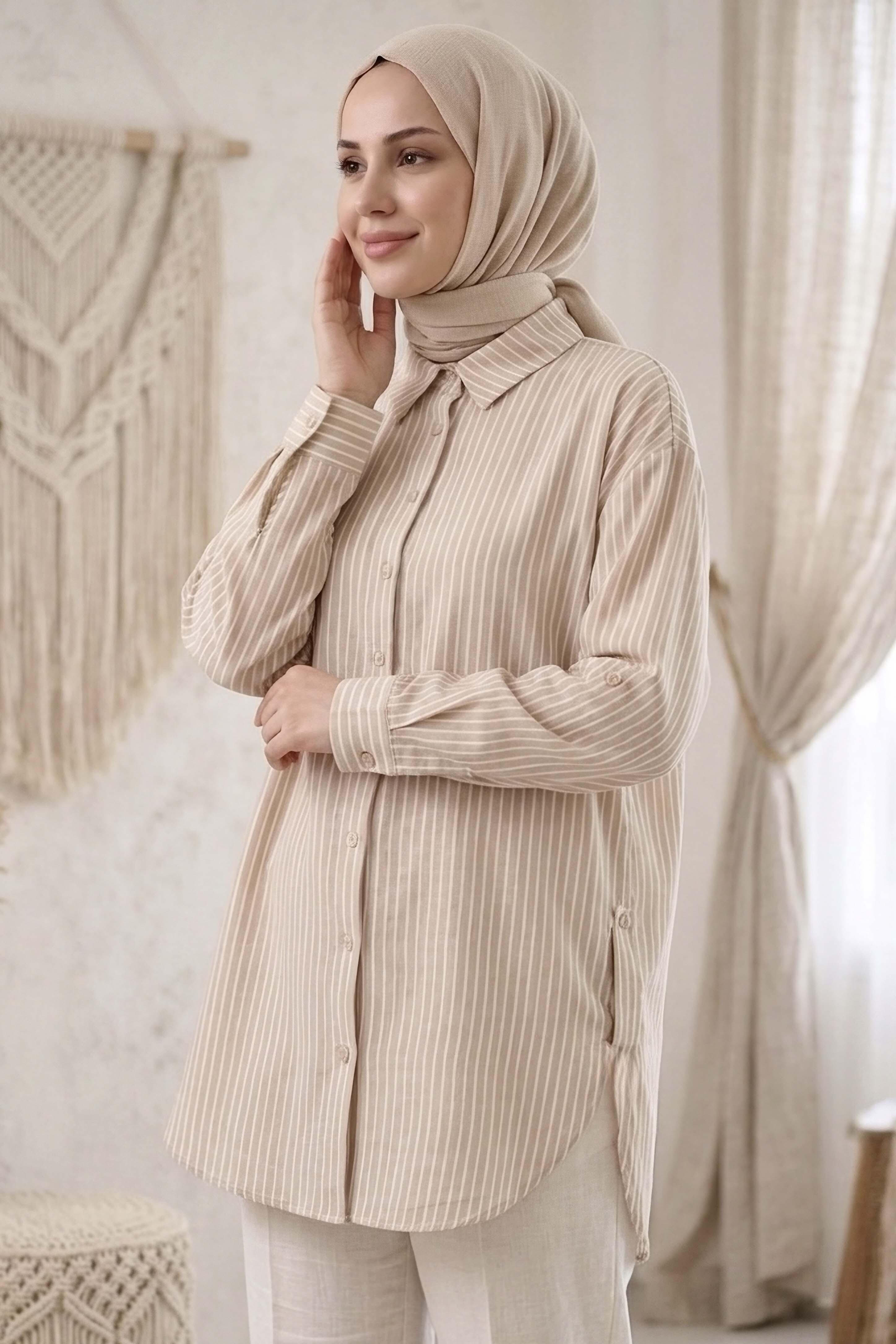 Çizgili Yanları Düğme Detaylı Tunik Krem - 1329-KREM