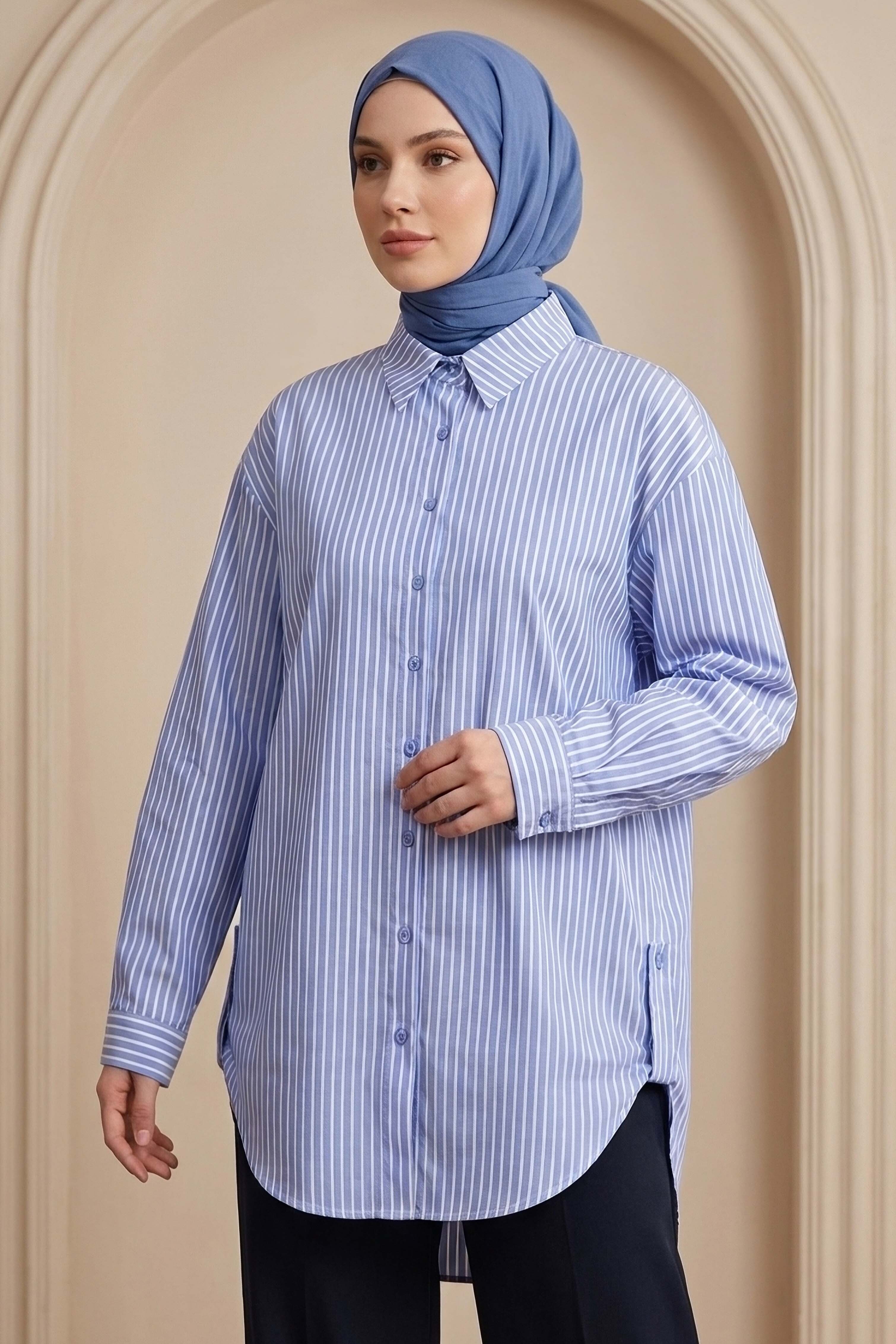 Çizgili Yanları Düğme Detaylı Tunik Mavi - 1329-MAVI