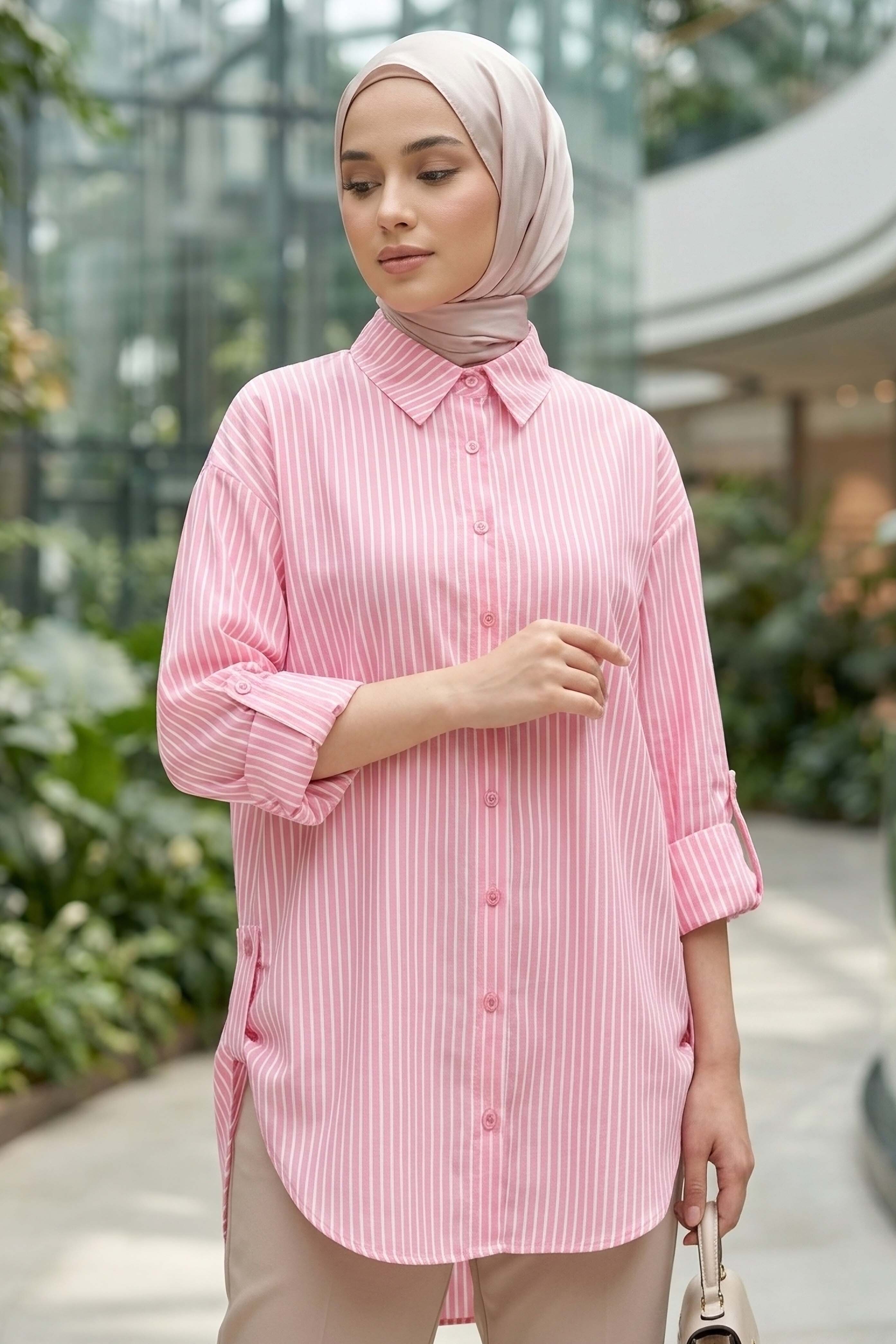 Çizgili Yanları Düğme Detaylı Tunik Pembe - 1329-PEMBE