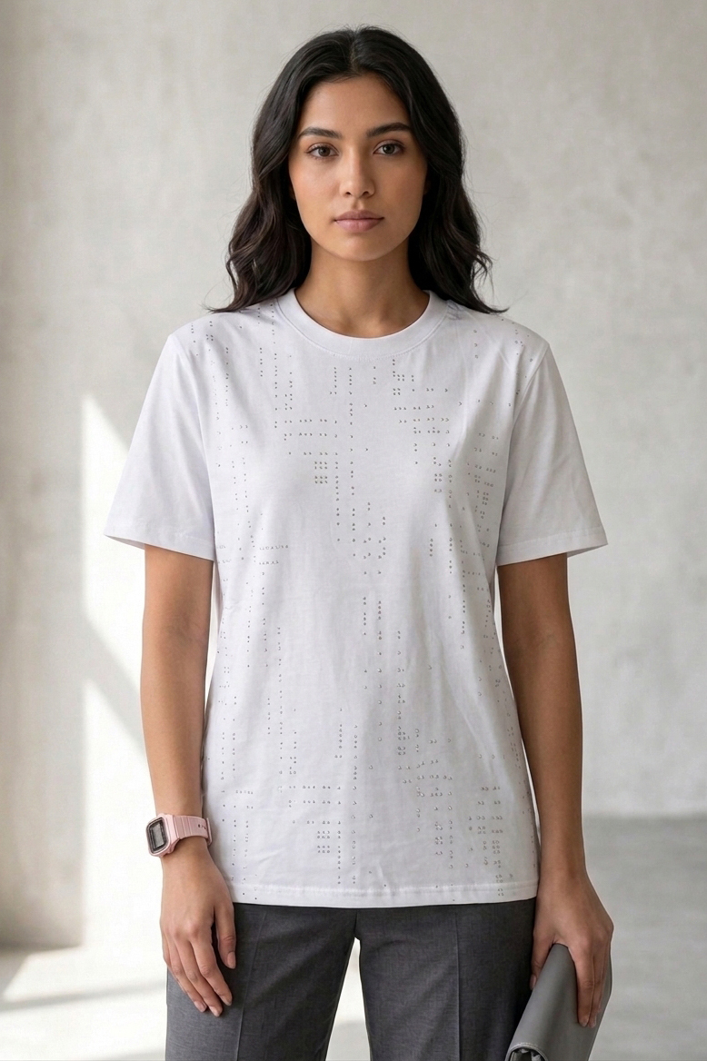 Damla Taşlı T-shirt  - 28417-BEYAZ