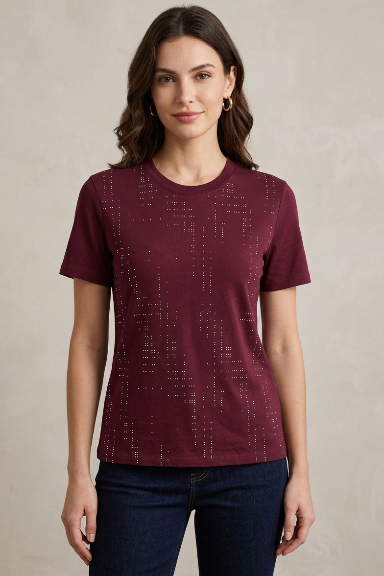 Damla Taşlı T-shirt  - 28417-BORDO